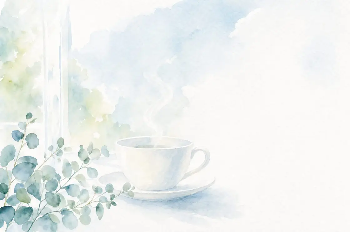 Watercolor of a teacup beside a botanical sprig in soft azure tones