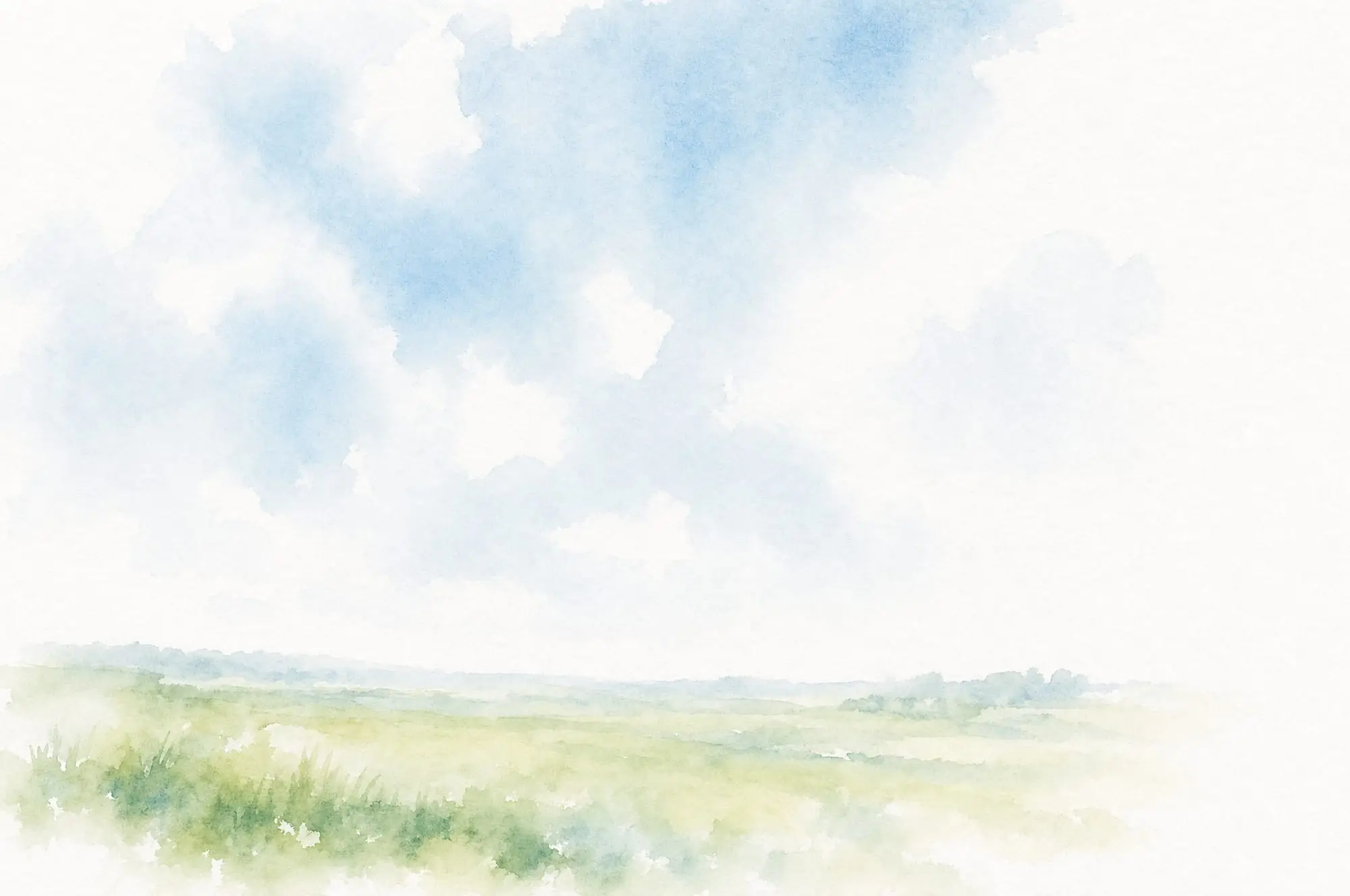 Watercolor of soft azure clouds above a pale green horizon