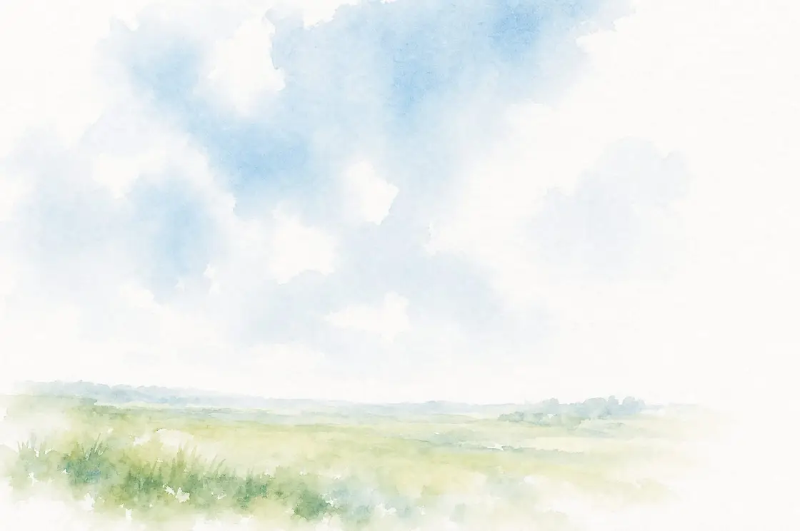 Watercolor of soft azure clouds above a pale green horizon