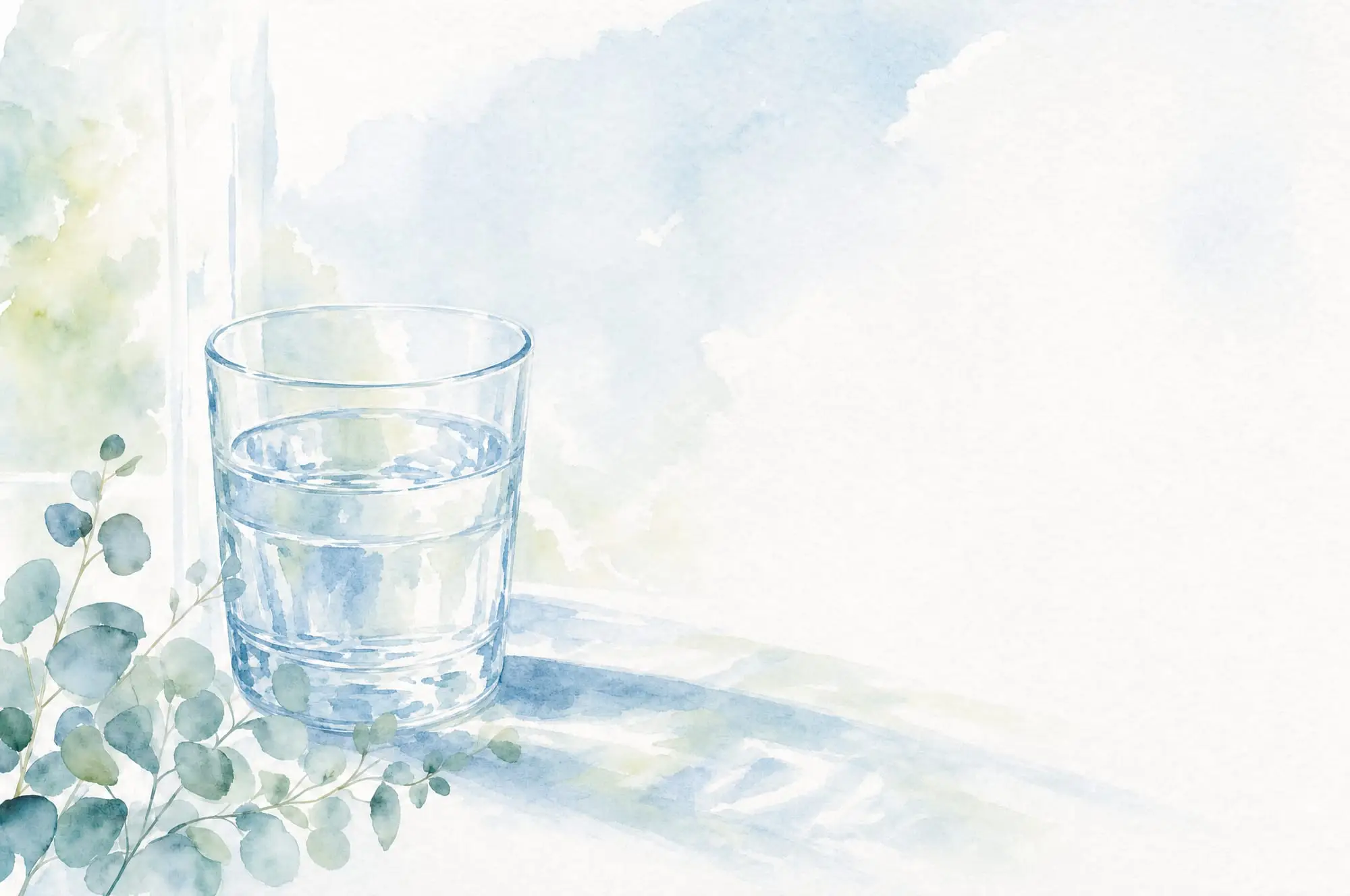 Watercolor of light refracting through a water glass in azure wash