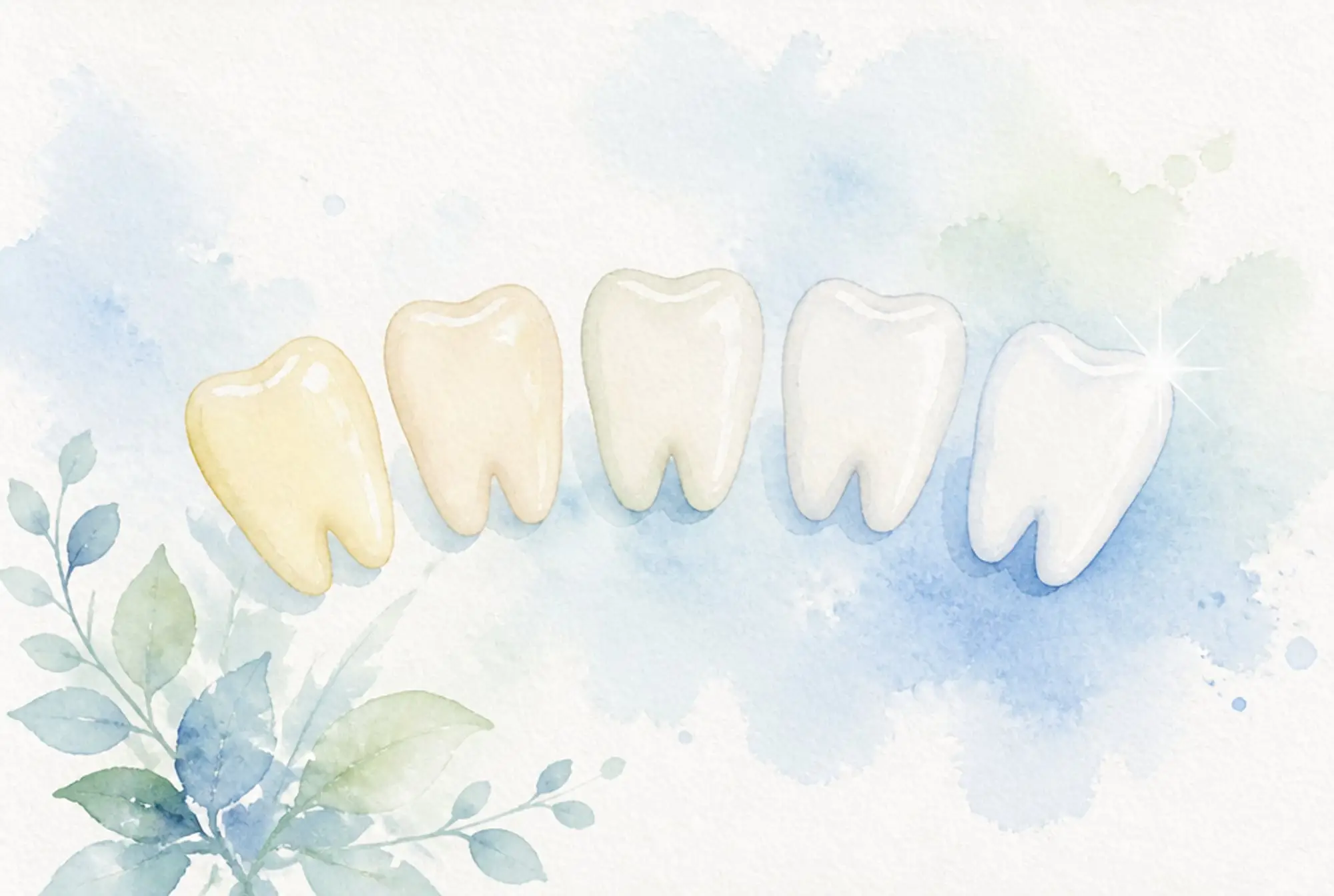 Watercolor of a row of teeth shading from pale yellow to bright white in soft azure and spring green