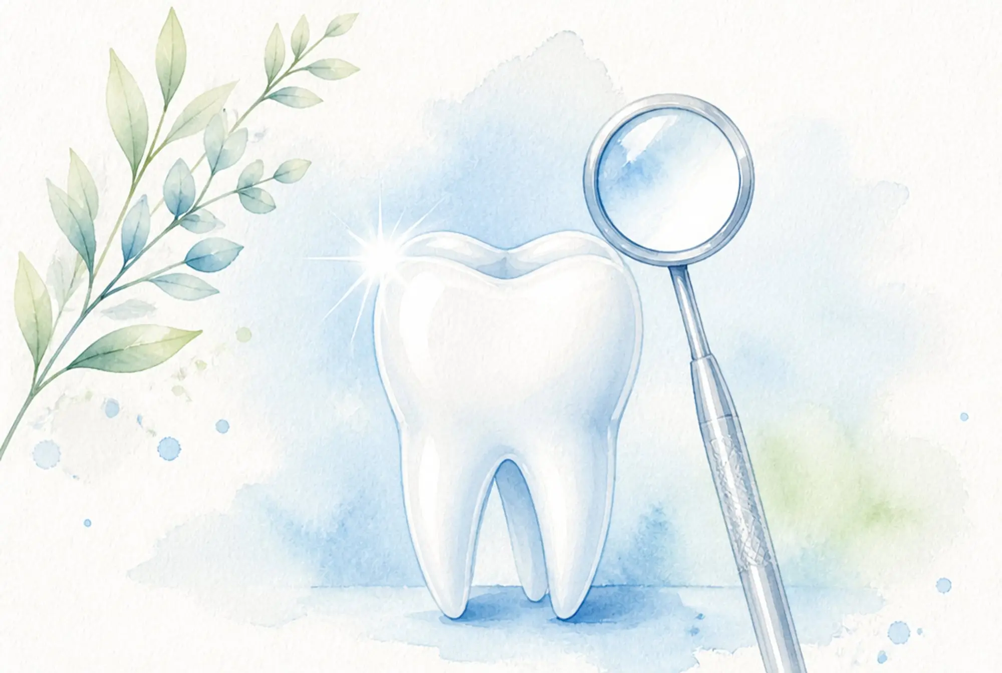 Watercolor of a polished, sparkling clean tooth beside a dental mirror in soft azure and spring green