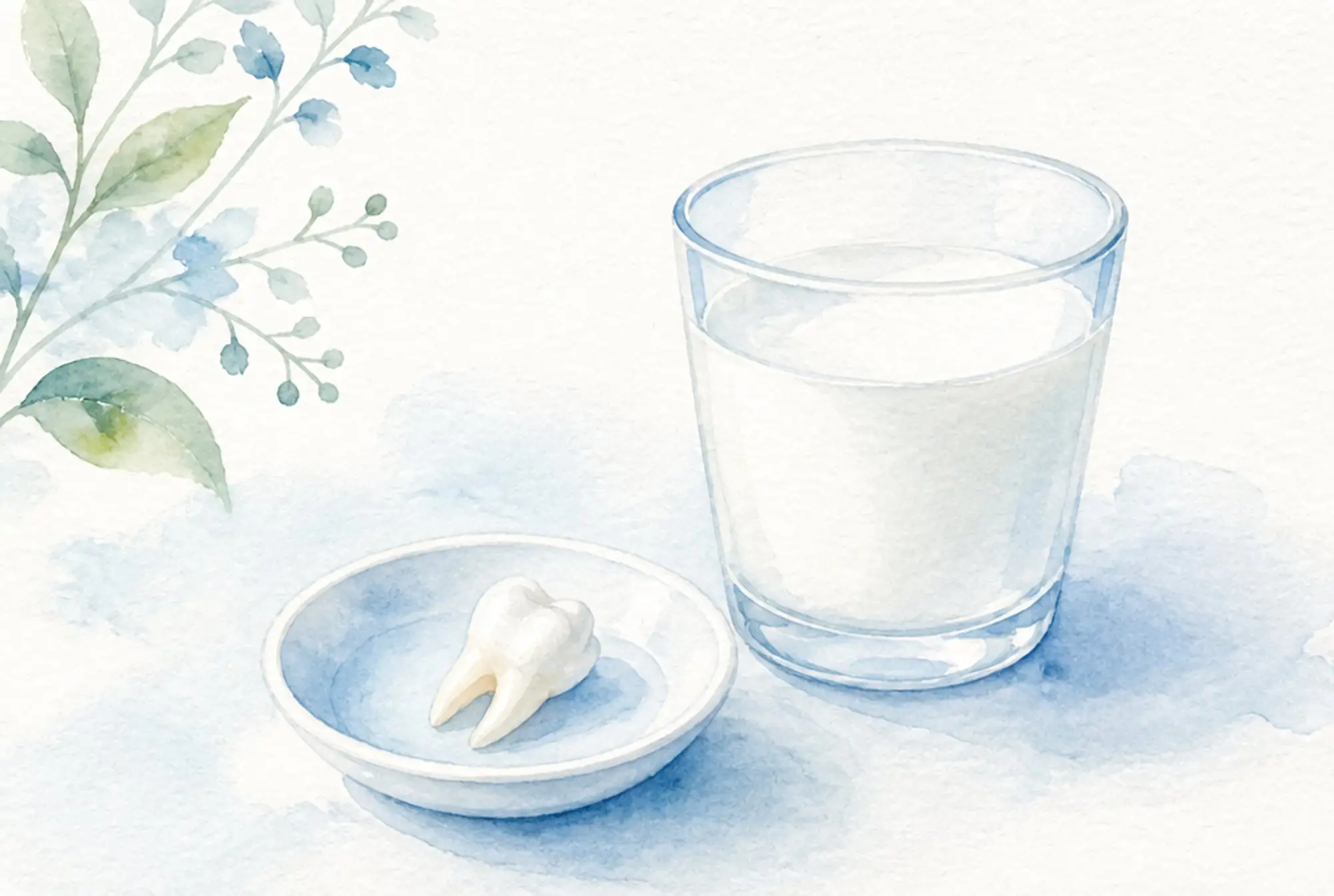 Watercolor of a knocked-out tooth on a saucer beside a glass of milk in soft azure and spring green