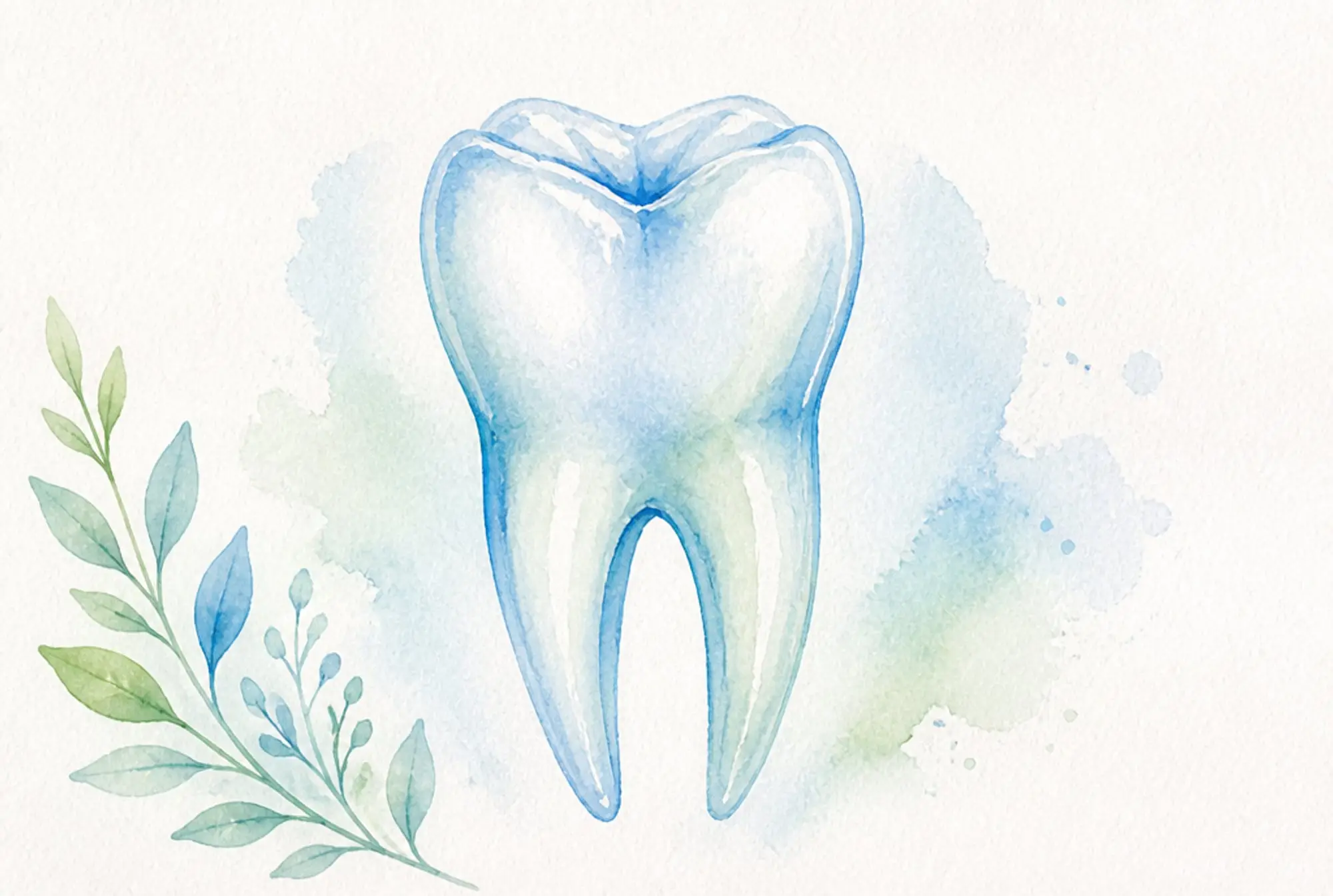 Watercolor of a whole tooth with its roots in soft azure and spring green