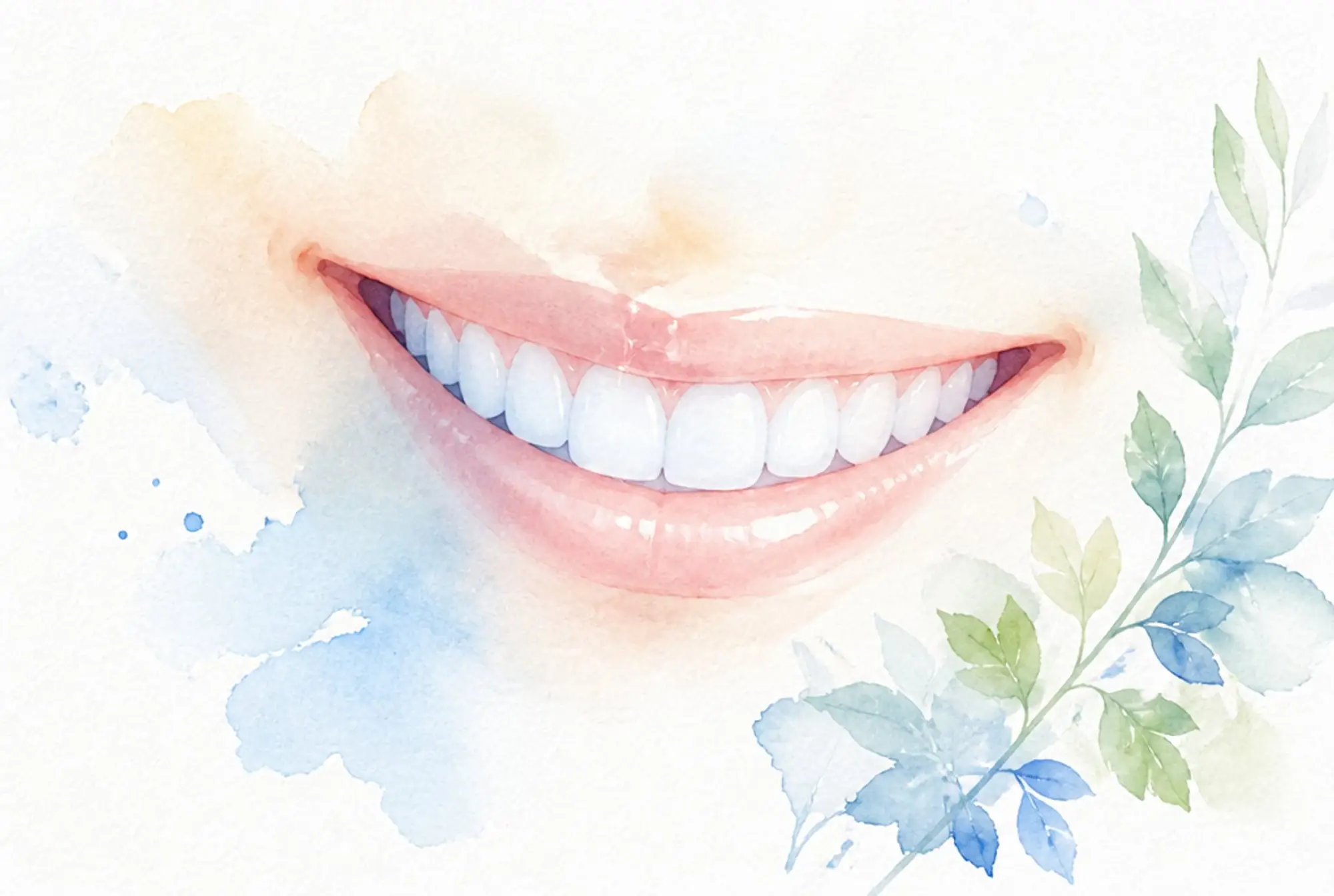 Watercolor of a bright, healthy smile with clean white teeth in soft azure and spring green