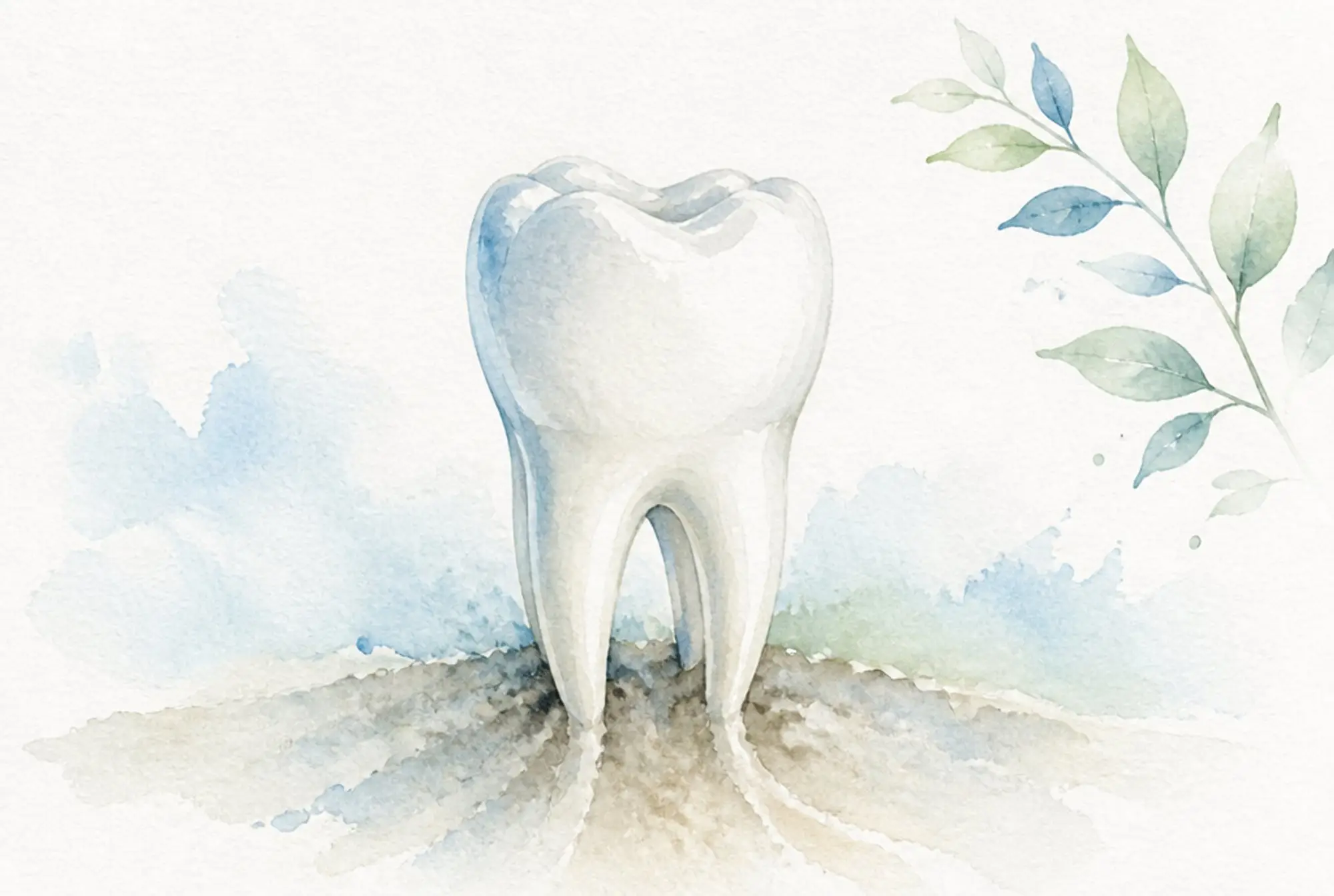 Watercolor of a whole healthy tooth firmly rooted in the ground in soft azure and spring green