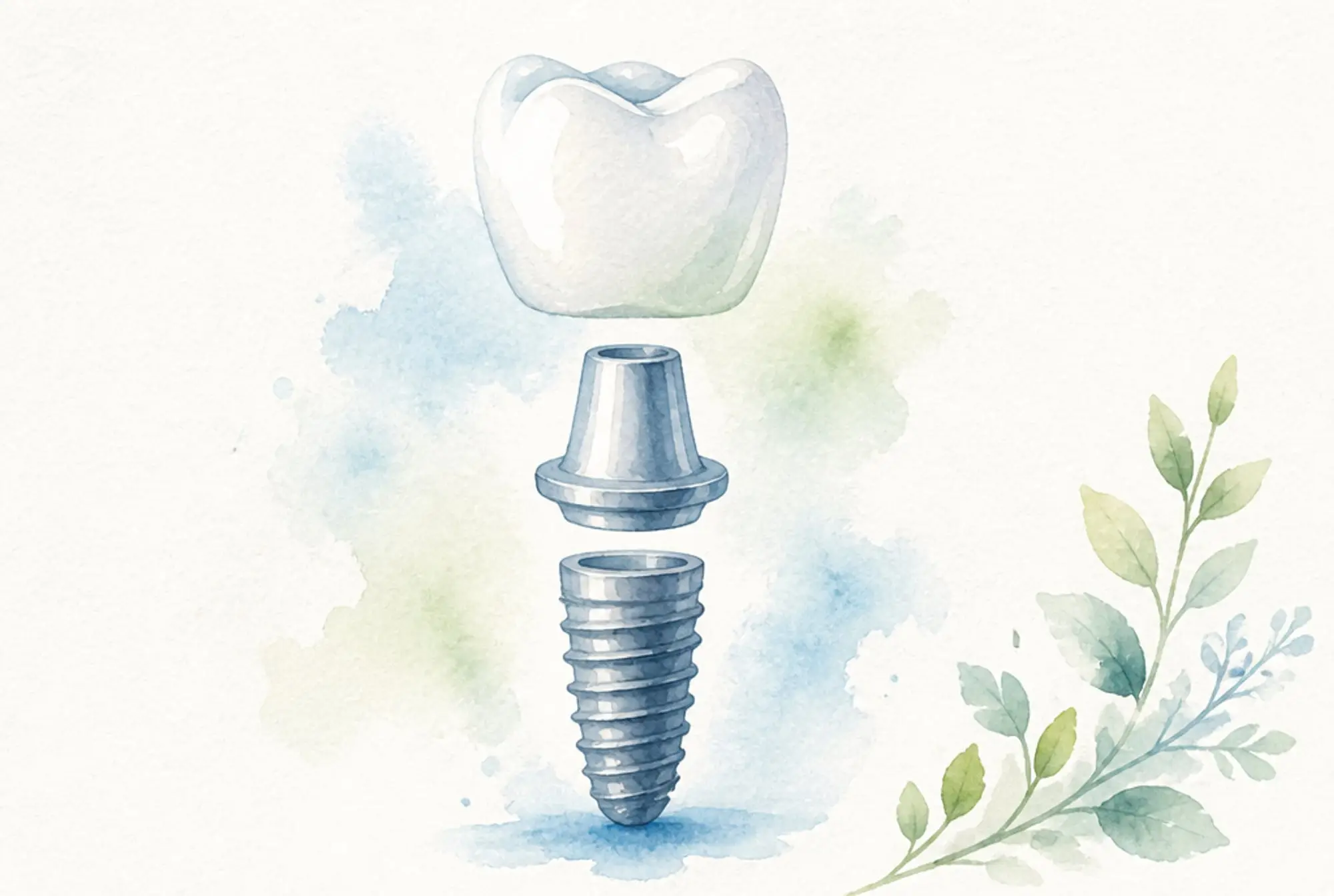 Watercolor of a dental implant's three parts, crown, abutment, and screw post, in soft azure and spring green