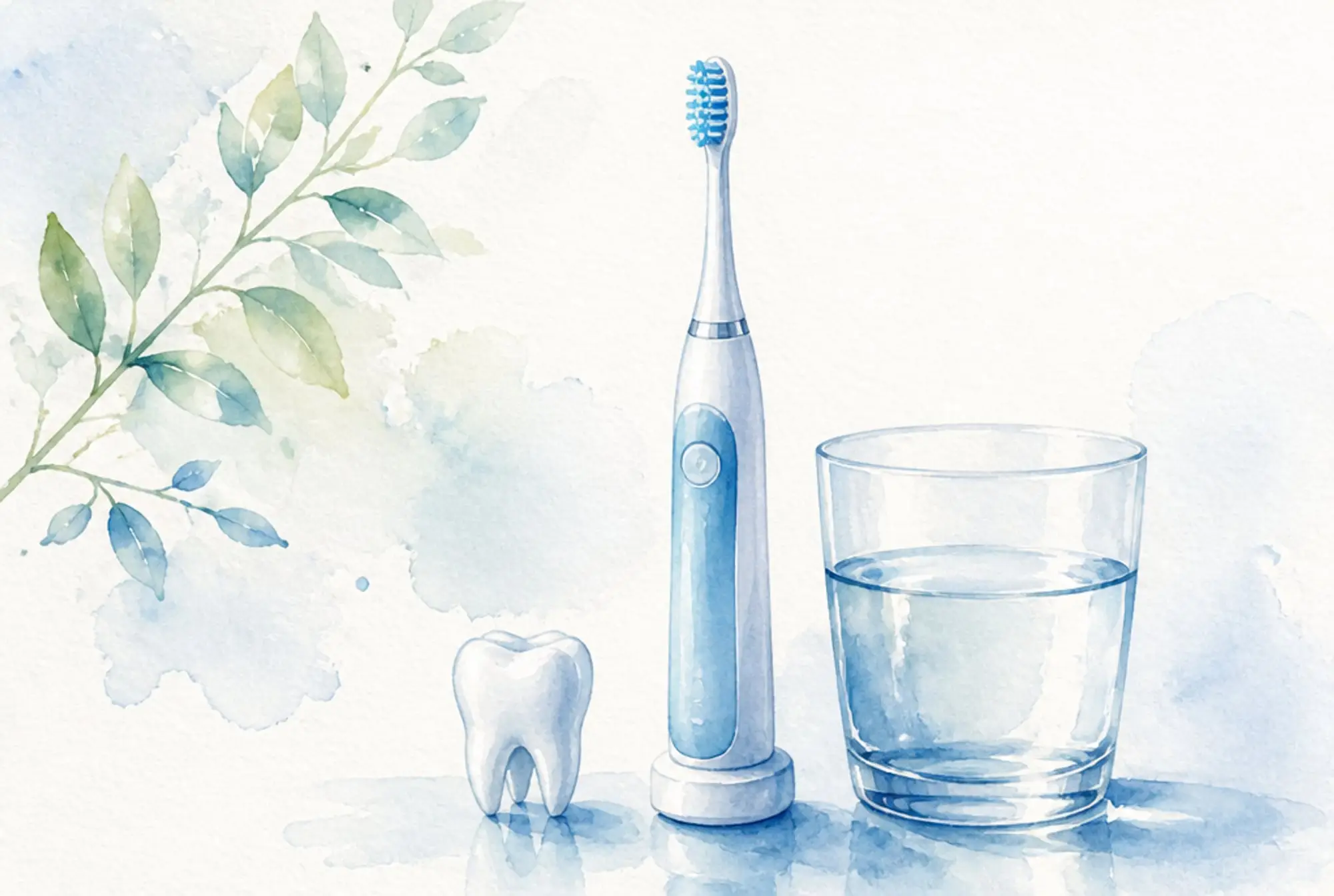 Watercolor of an electric toothbrush, a glass of water, and a bright white tooth in soft azure and spring green