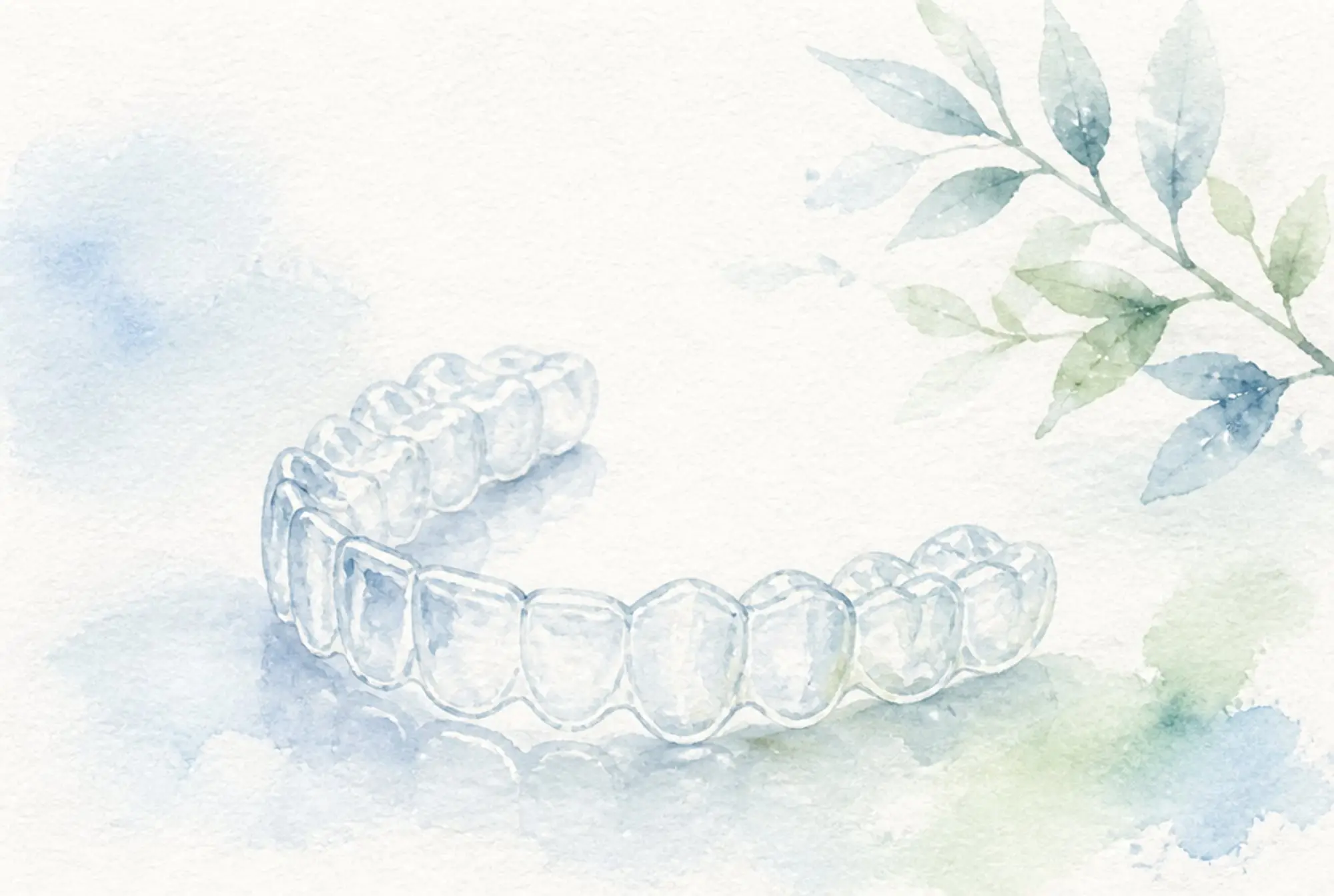 Watercolor of a clear orthodontic aligner tray in soft azure and spring green