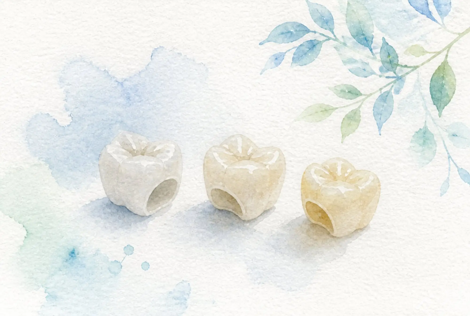 Watercolor of three porcelain dental crowns in varied shades in soft azure and spring green