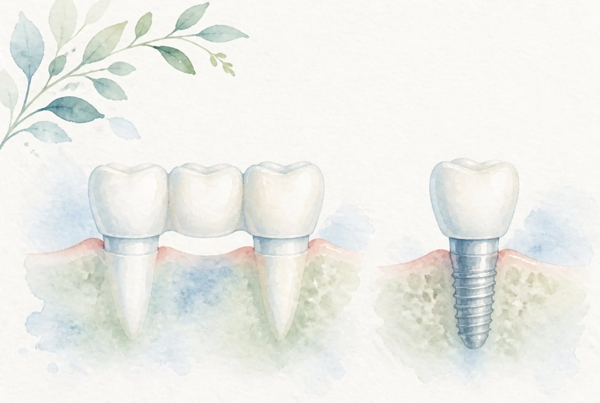 Watercolor of a three-unit dental bridge beside a single dental implant with its post, in soft azure and spring green