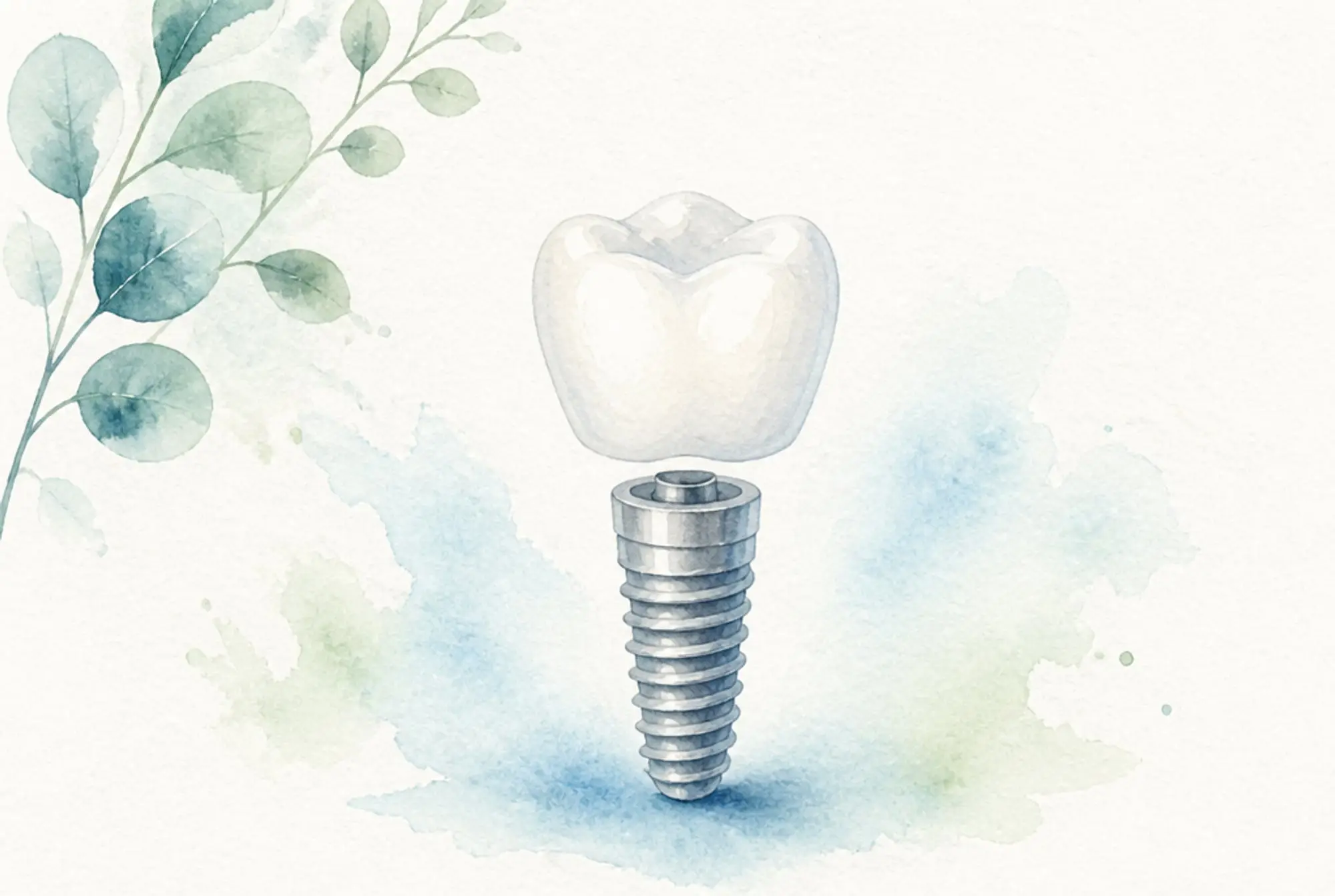 Watercolor of a porcelain dental crown above a titanium implant post in soft azure and spring green