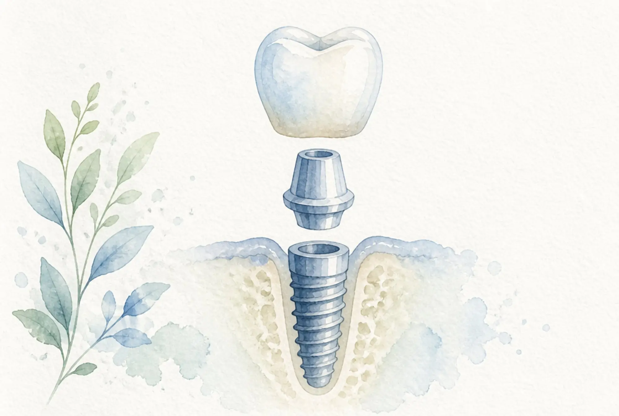Watercolor of a dental implant's three parts, crown, abutment, and titanium post in the jaw, in soft azure and spring green