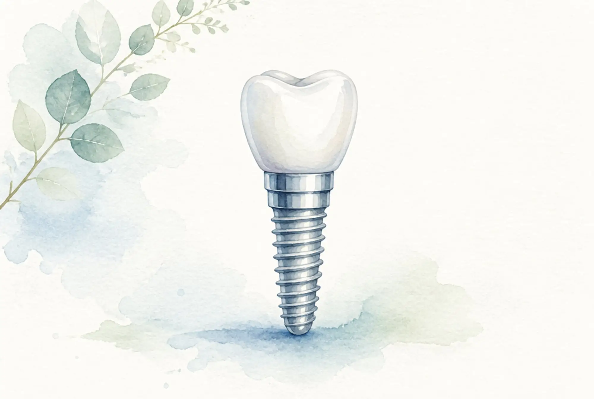 Watercolor of a single dental implant with a porcelain crown atop a metal post in soft azure and spring green
