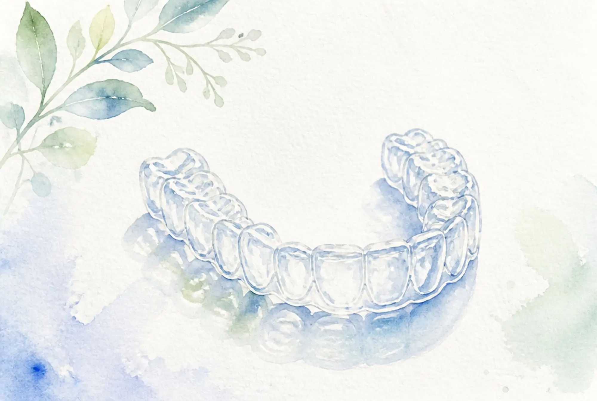Watercolor of a clear removable dental aligner tray resting on a small dish in soft azure and spring green