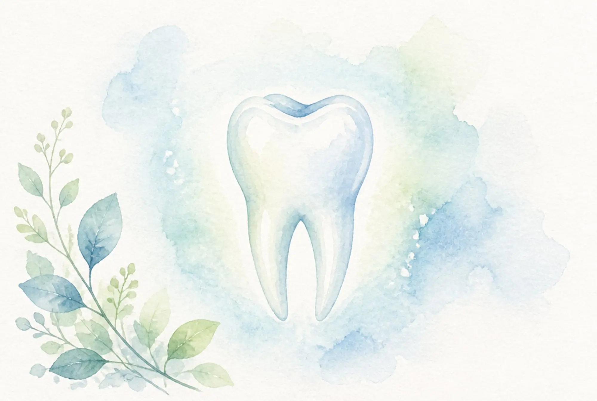 Watercolor of a whole natural tooth with its roots intact in soft azure and spring green