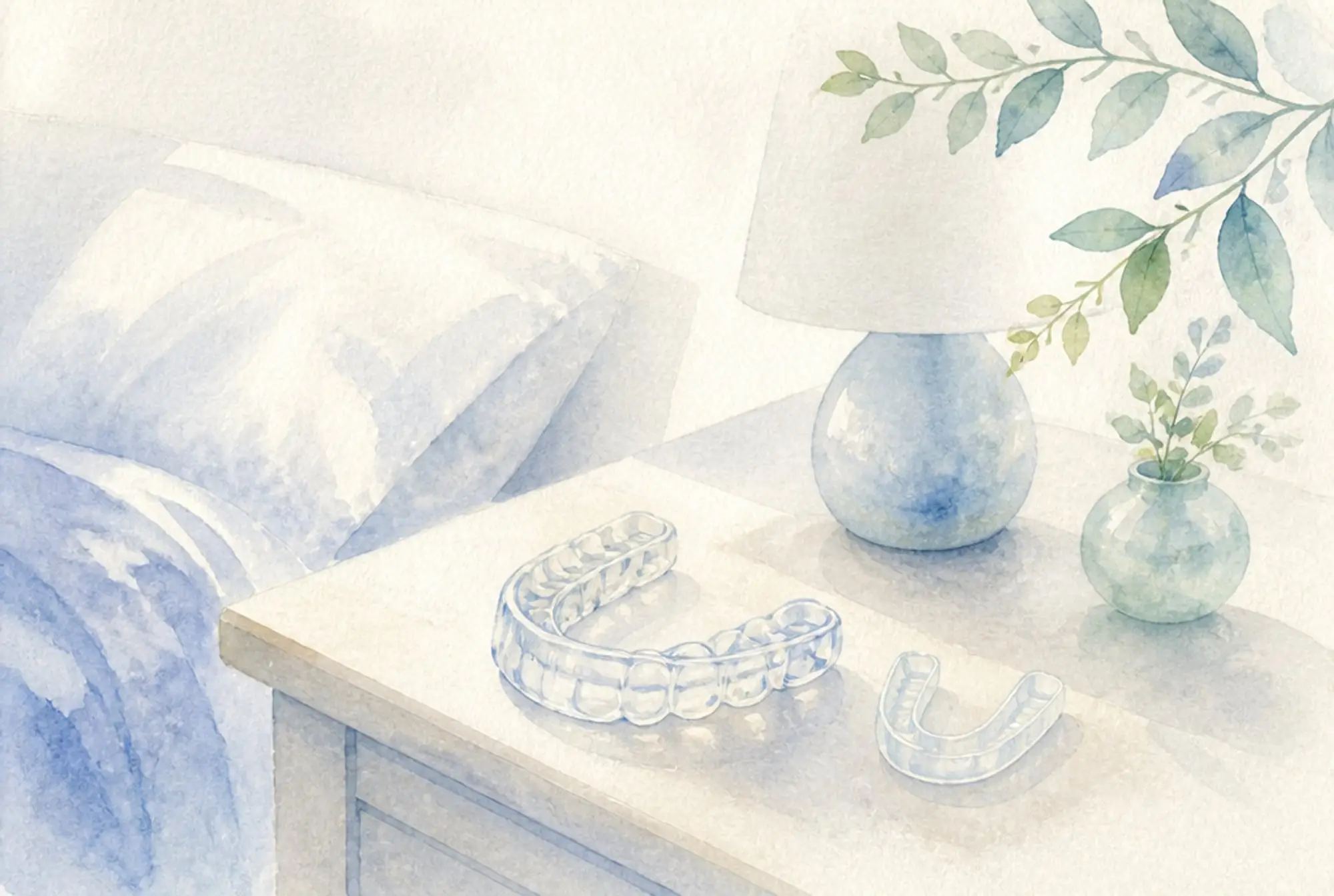 Watercolor of a clear custom nightguard tray resting on a bedside nightstand in soft azure and spring green