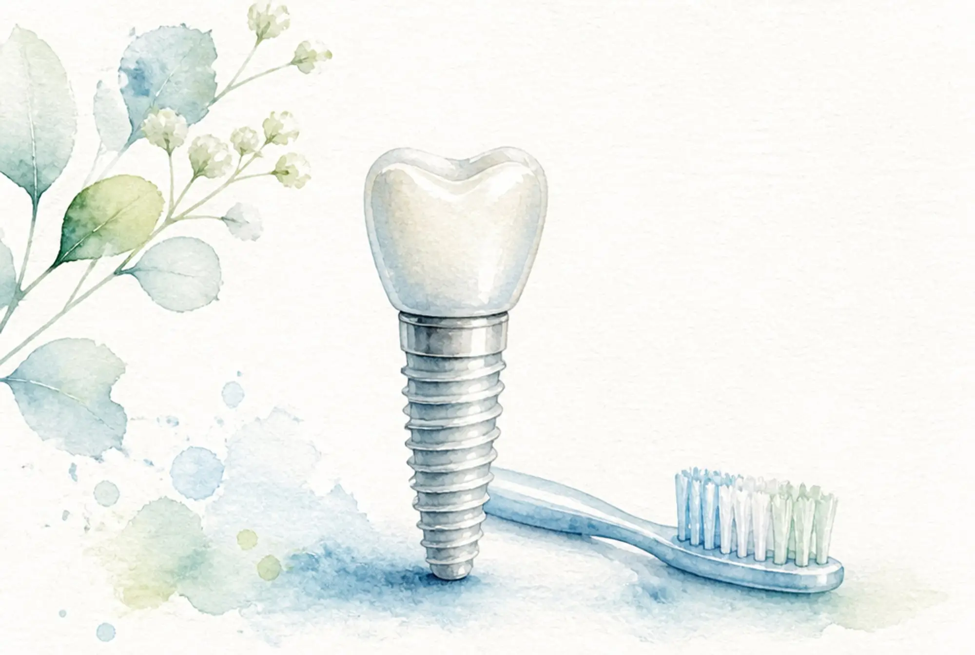 Watercolor of a dental implant crown on a threaded post beside a toothbrush in soft azure and spring green