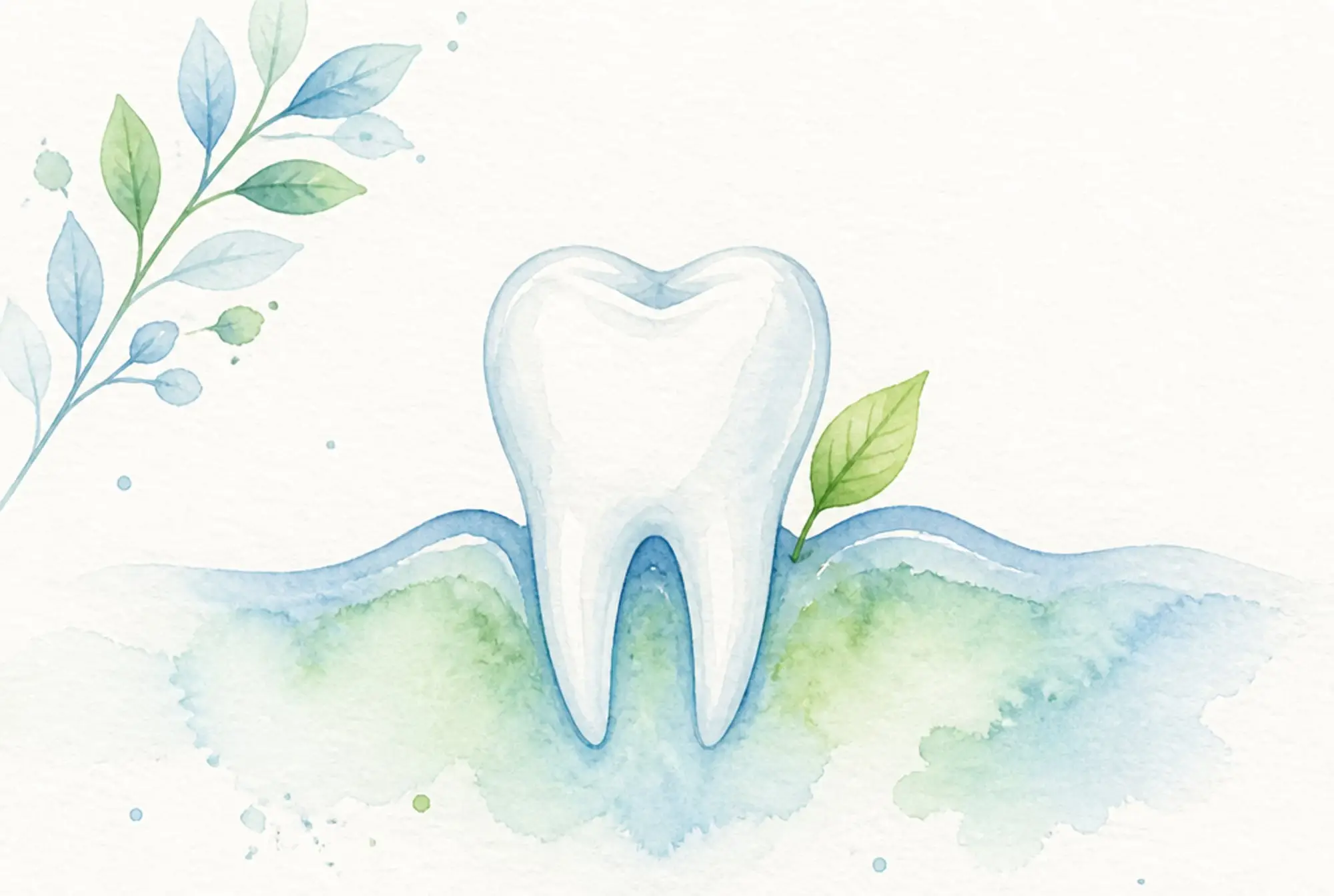 Watercolor of a healthy tooth rising from a restored gum line with a new leaf in soft azure and spring green