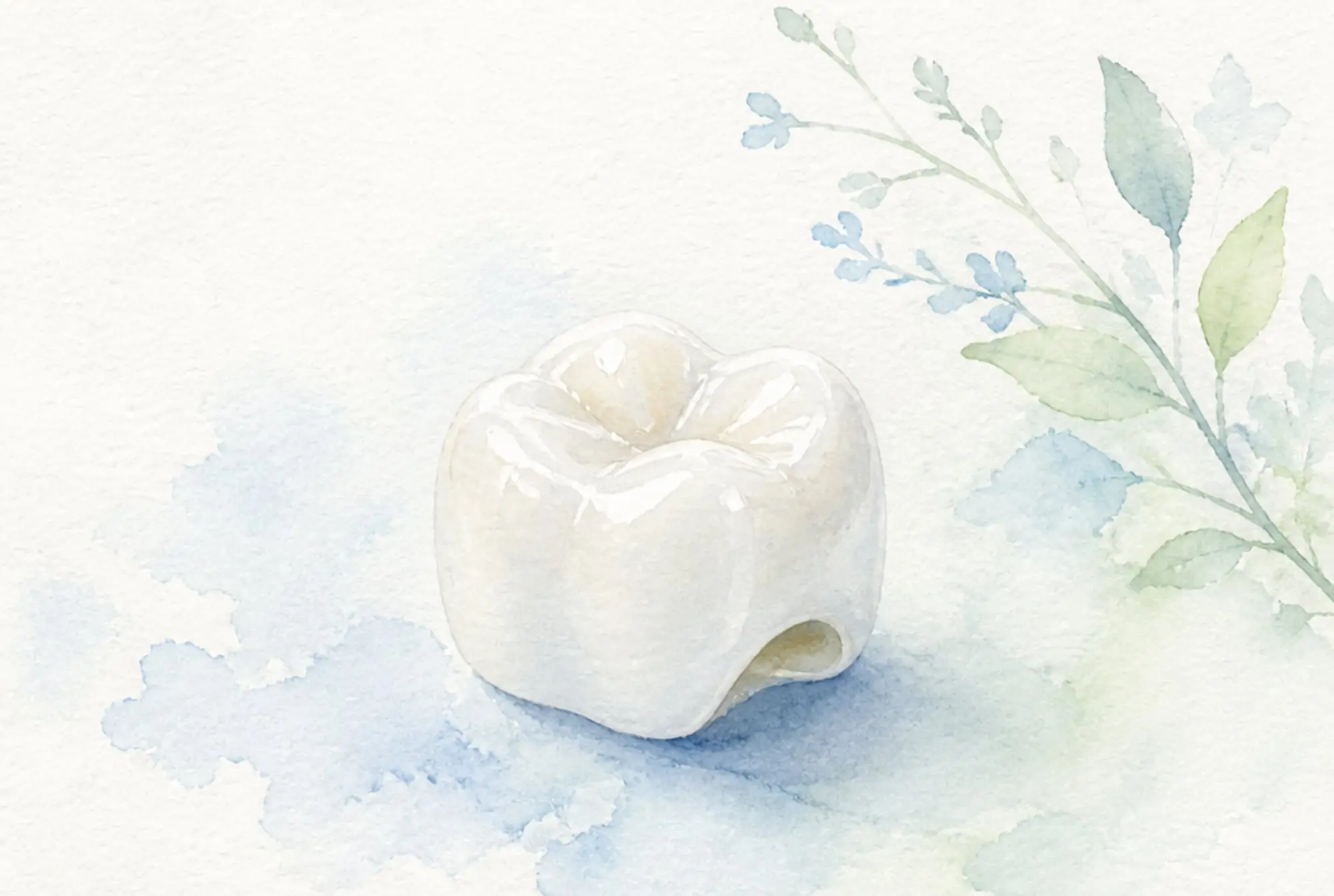 Watercolor of a white porcelain dental crown in soft azure and spring green