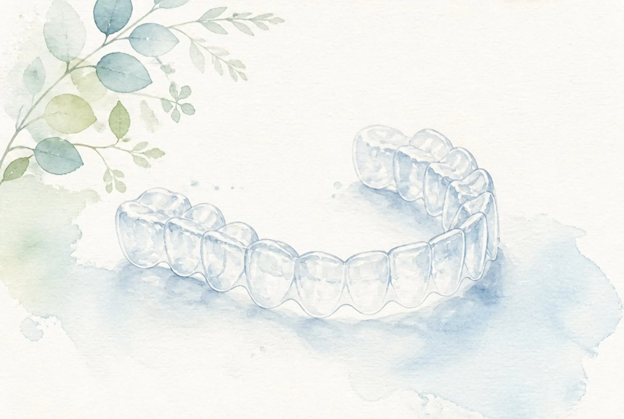 Watercolor of a clear aligner tray in soft azure and spring green