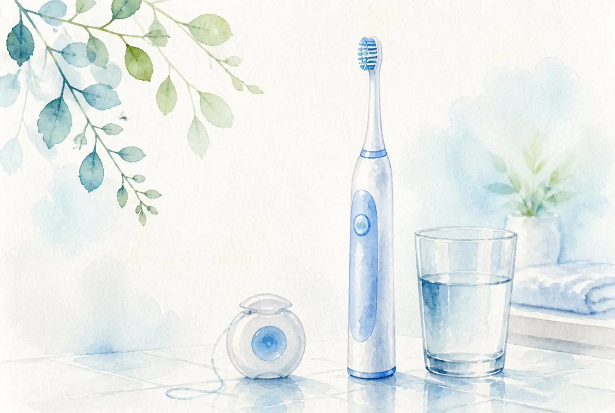 Watercolor of an electric toothbrush, dental floss, and a glass of water in soft azure and spring green