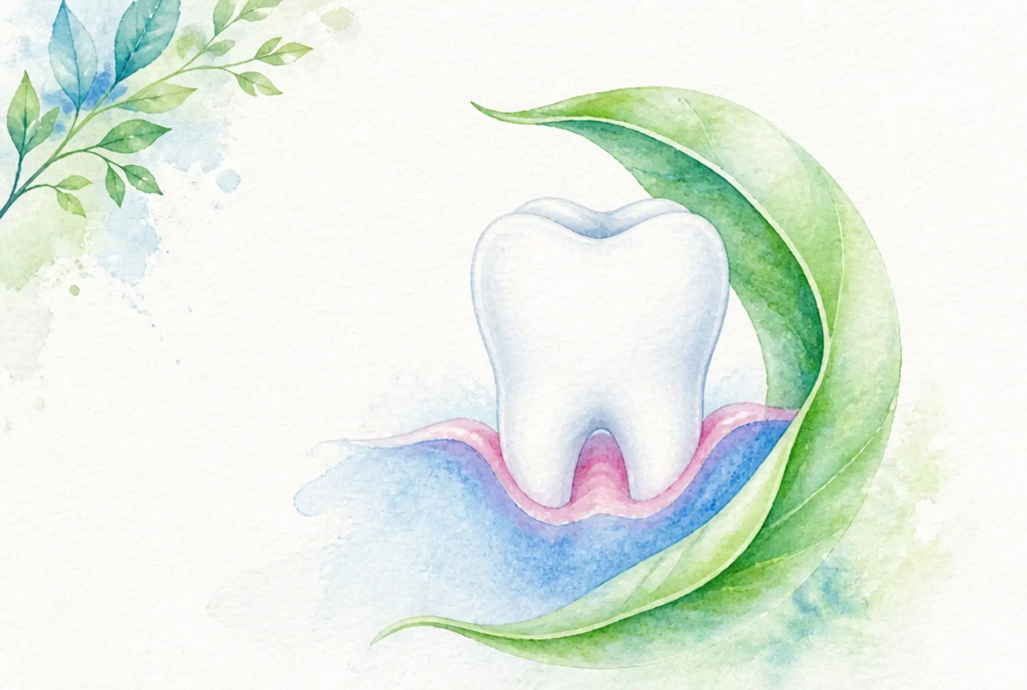 Watercolor of a healthy tooth with a restored gum line cradled by a green leaf in soft azure and spring green