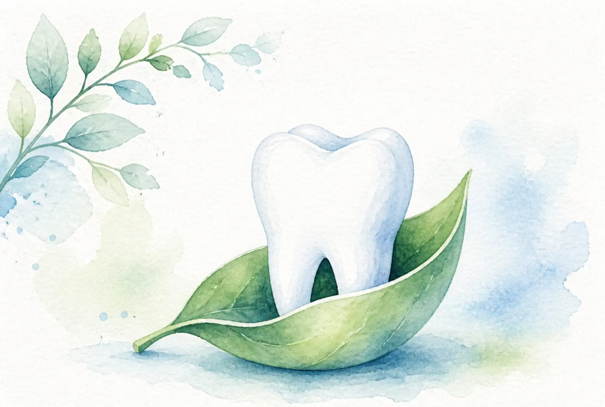 Watercolor of a healthy white tooth cradled in a curved green leaf in soft azure and spring green