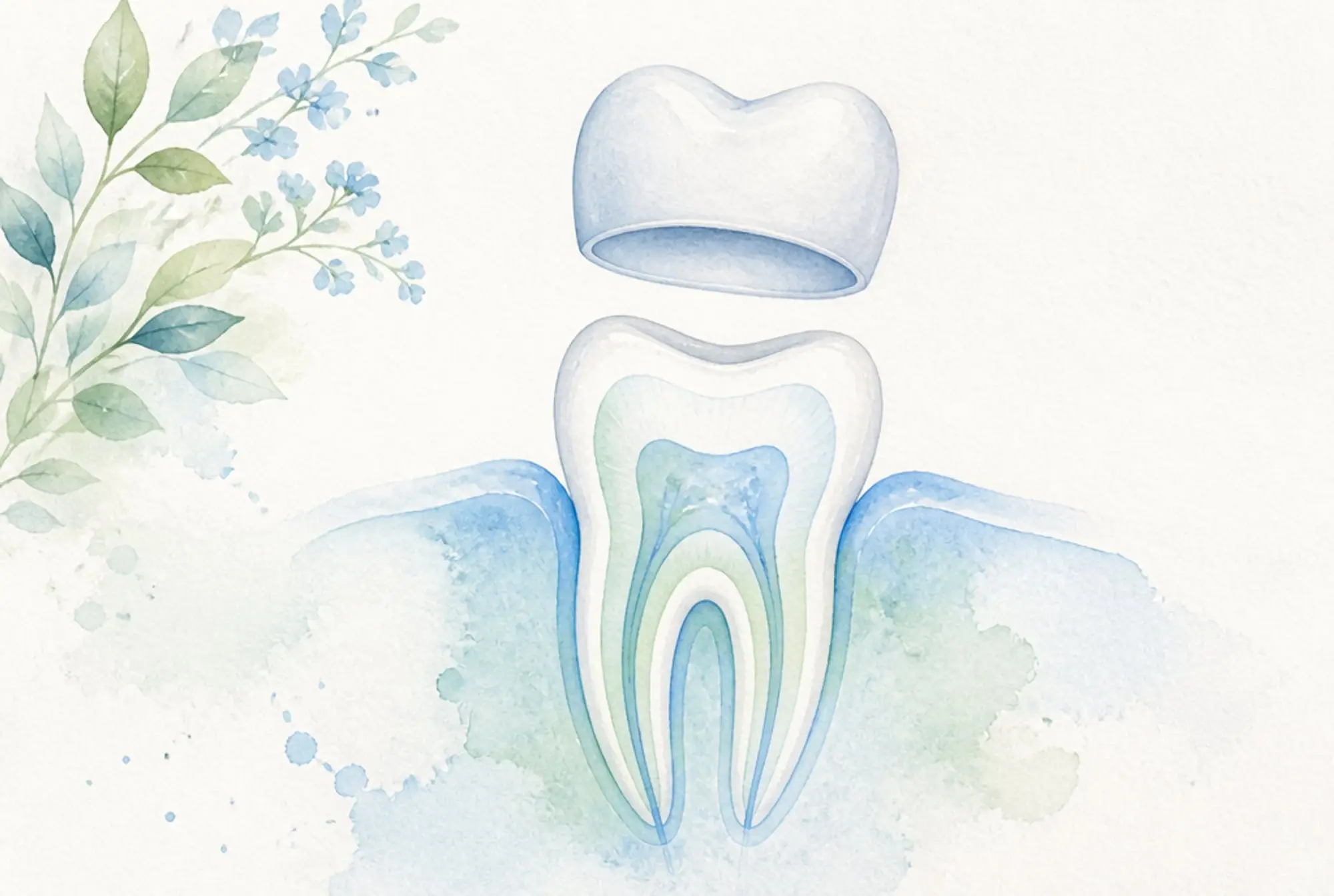 Watercolor of a molar tooth in cross-section with a dental crown floating above in soft azure and spring green
