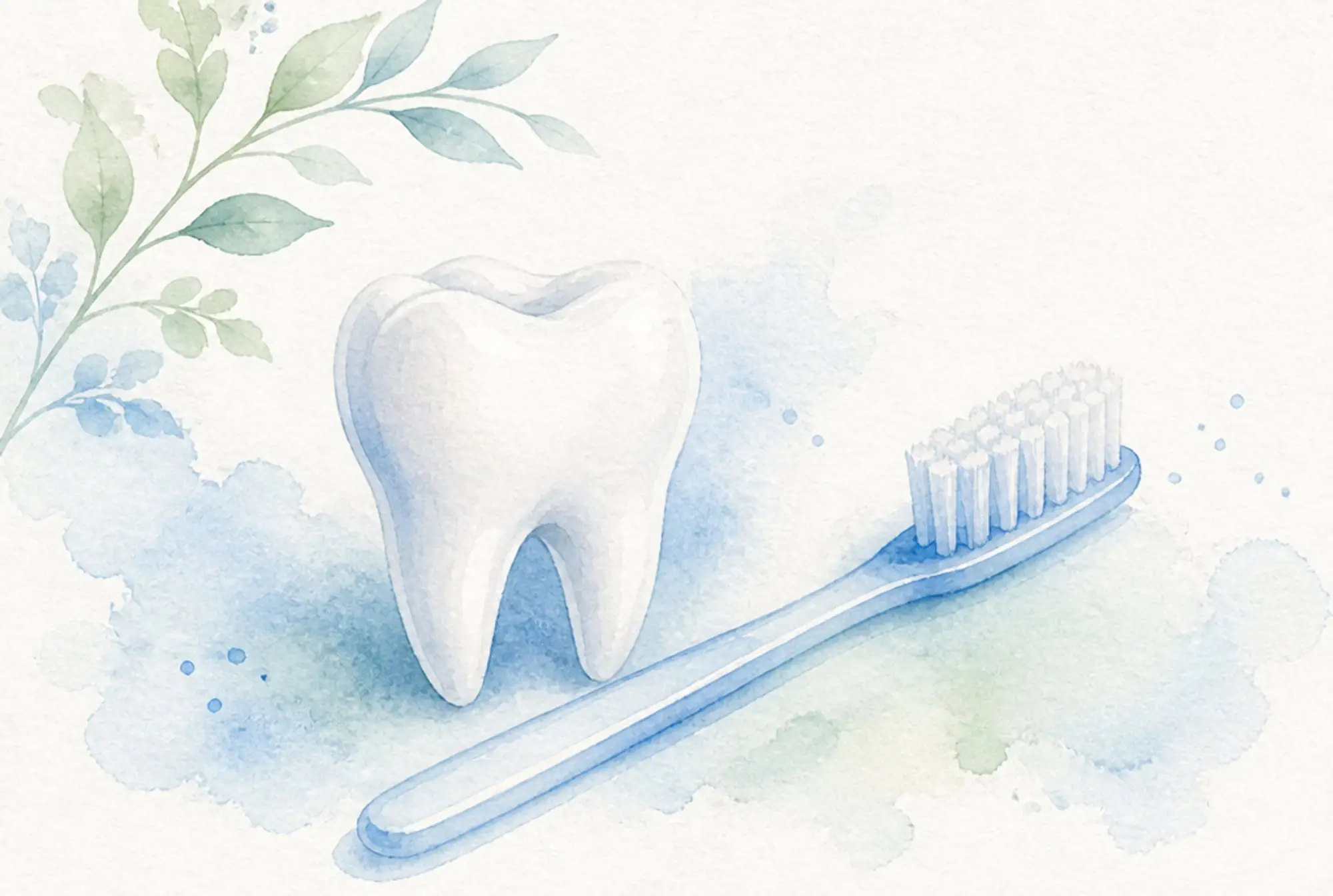 Watercolor of a clean white tooth beside a soft toothbrush in soft azure and spring green