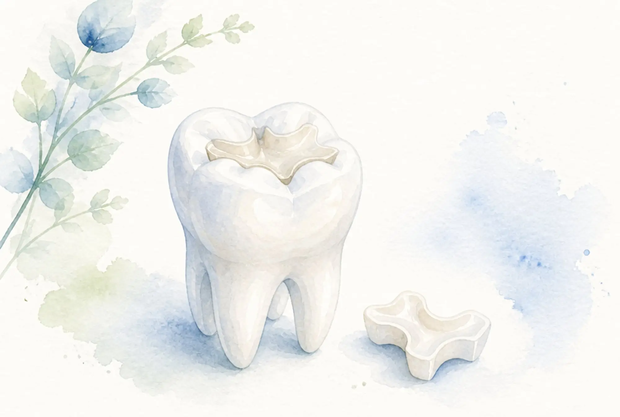 Watercolor of a molar tooth with a ceramic inlay fitting its chewing surface in soft azure and spring green