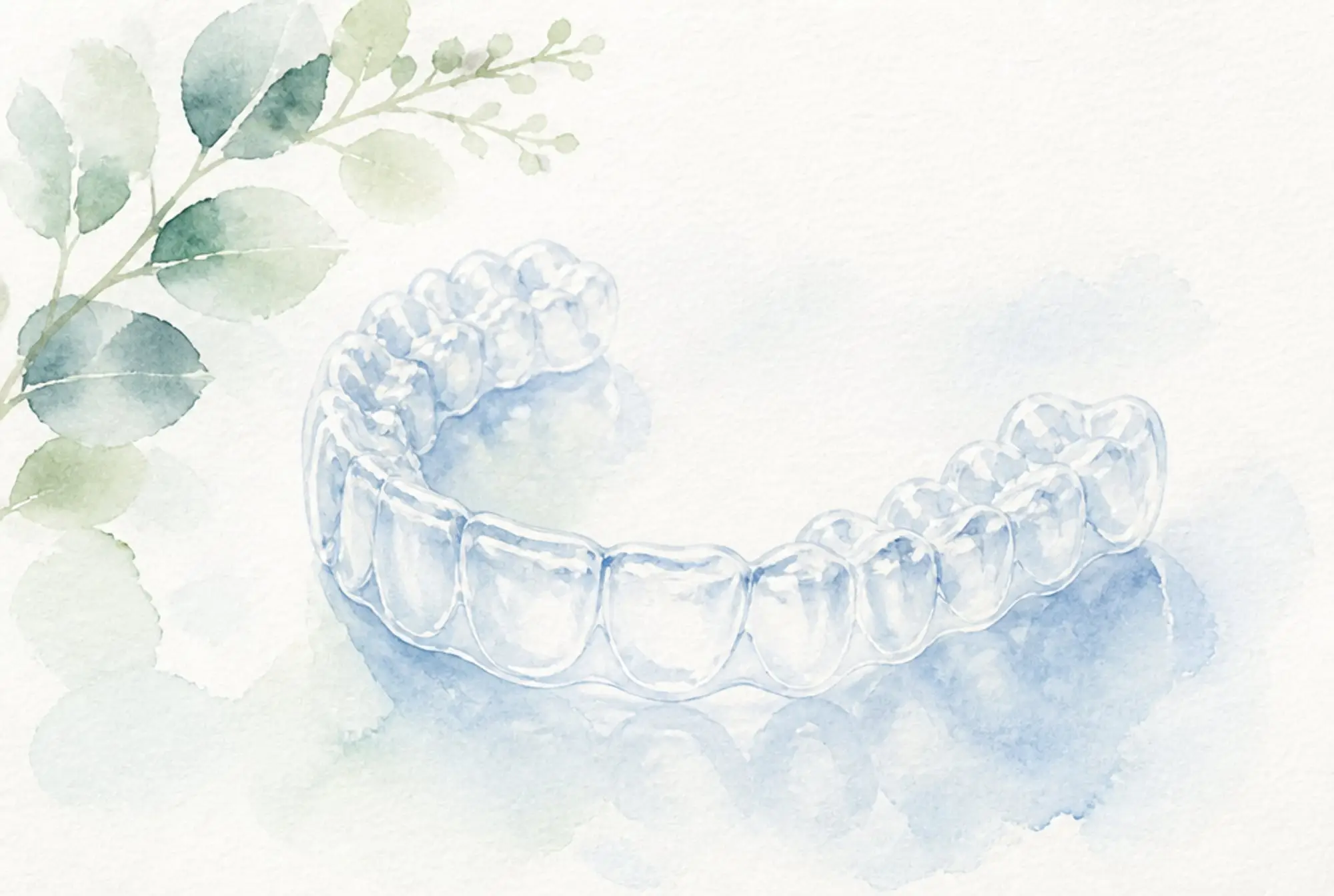 Watercolor of a clear orthodontic aligner tray in soft azure and spring green