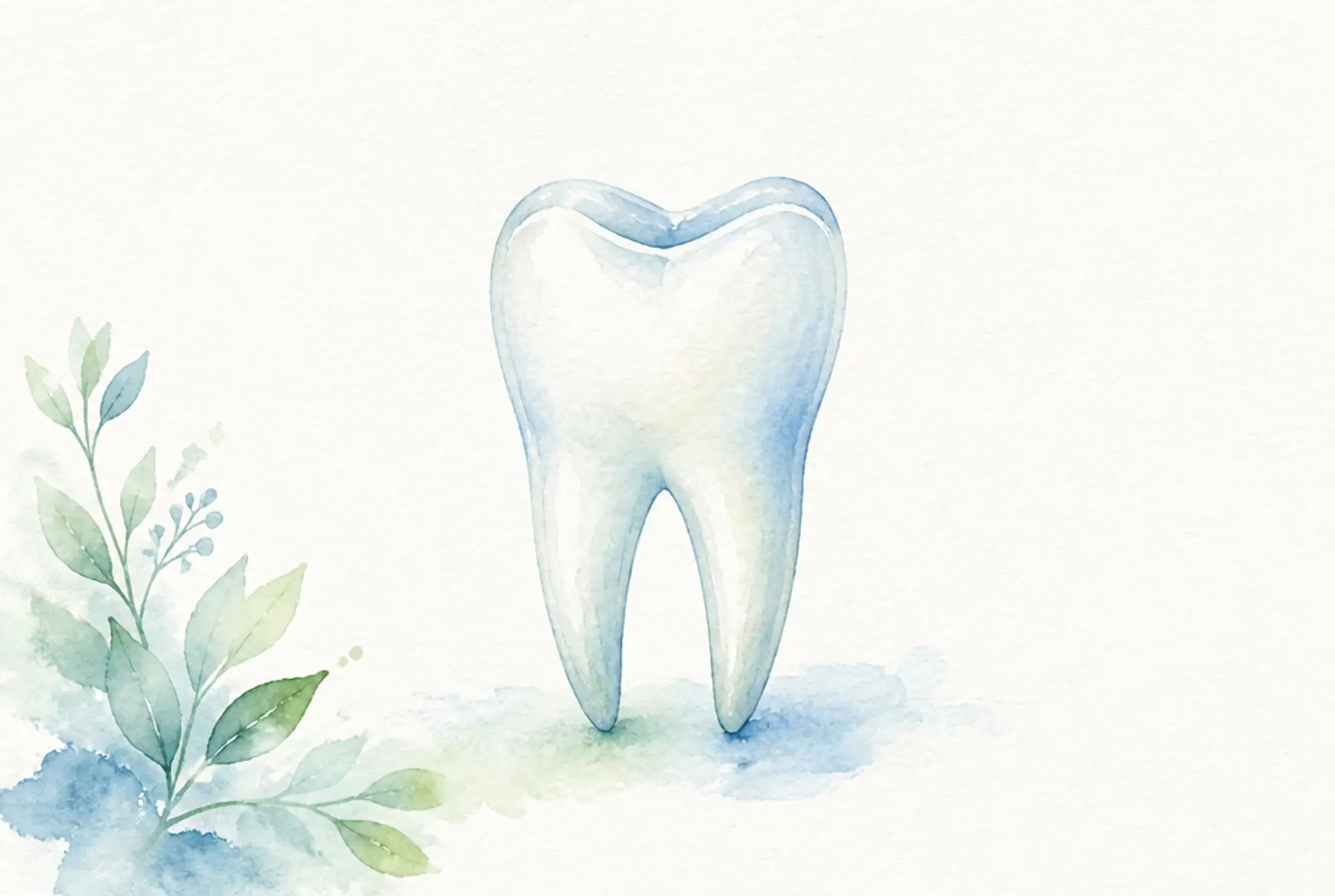 Watercolor of a single whole tooth with its roots in soft azure and spring green