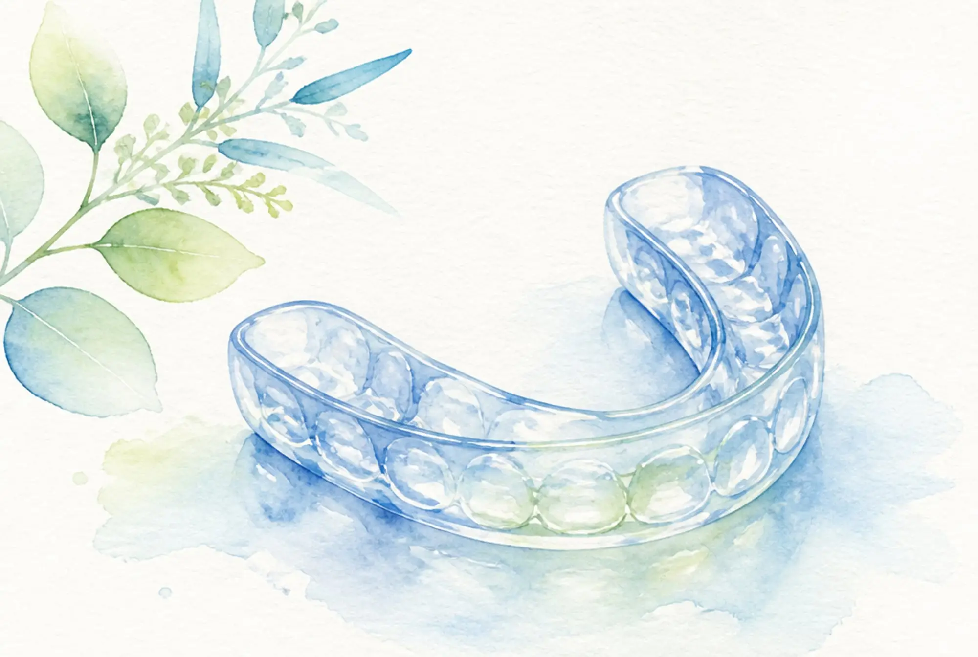 Watercolor of a clear custom dental mouth guard tray in soft azure and spring green
