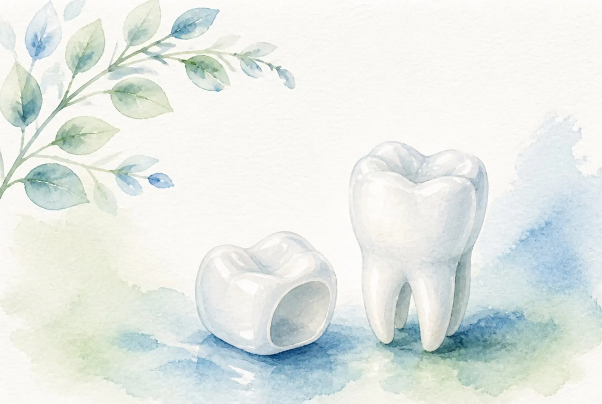 Watercolor of a porcelain dental crown cap beside a healthy tooth in soft azure and spring green