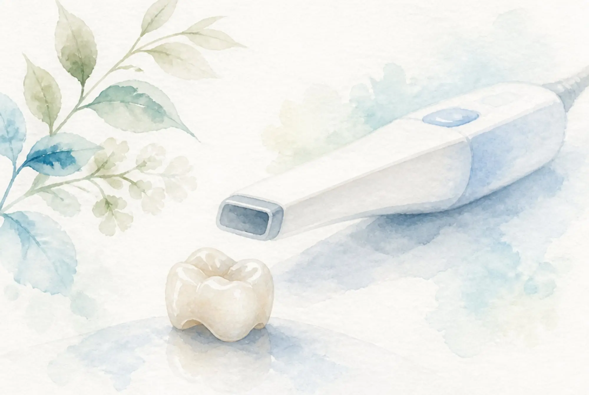 Watercolor of a white porcelain dental crown beside a handheld digital scanner in soft azure and spring green