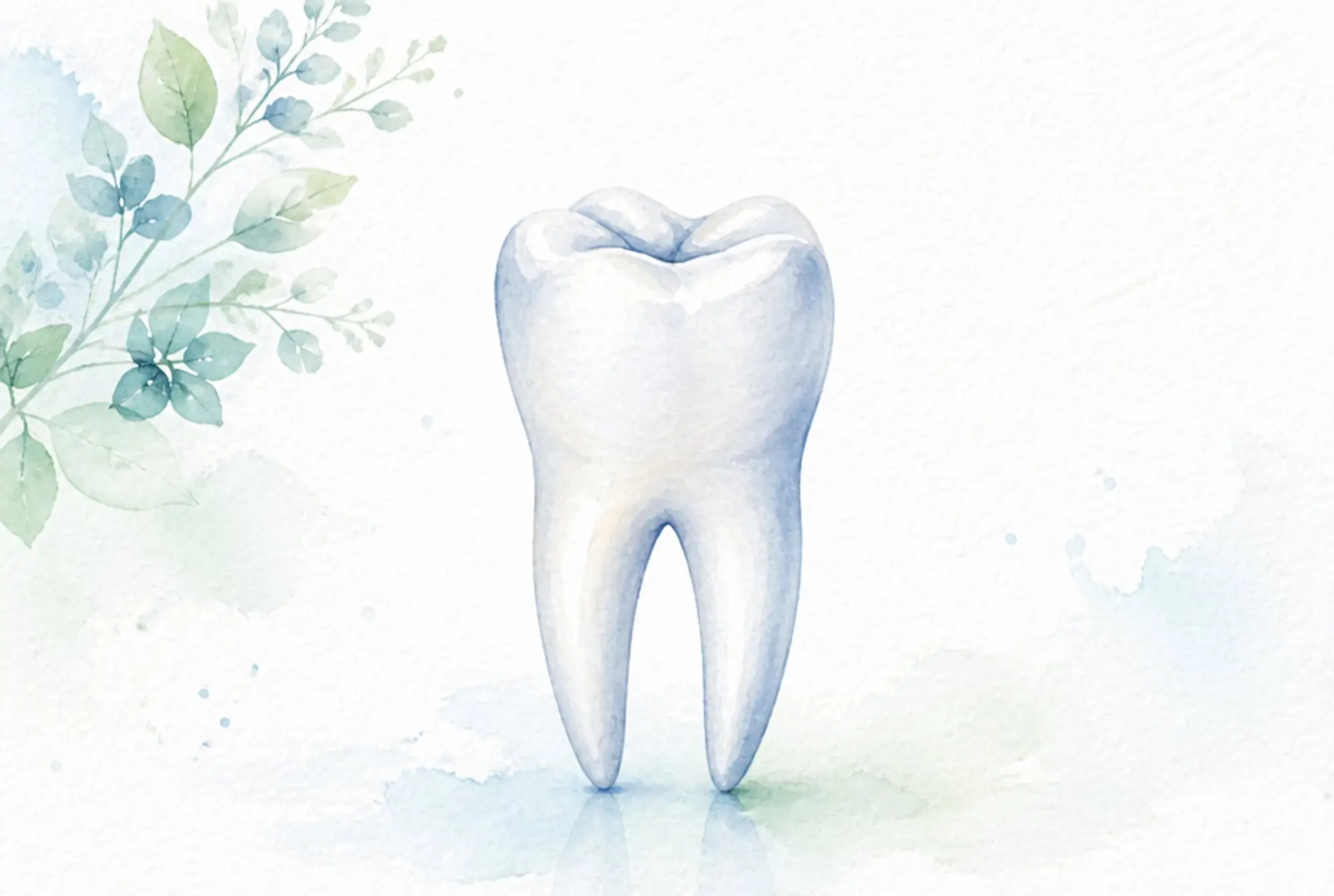 Watercolor of a whole natural tooth with intact roots in soft azure and spring green