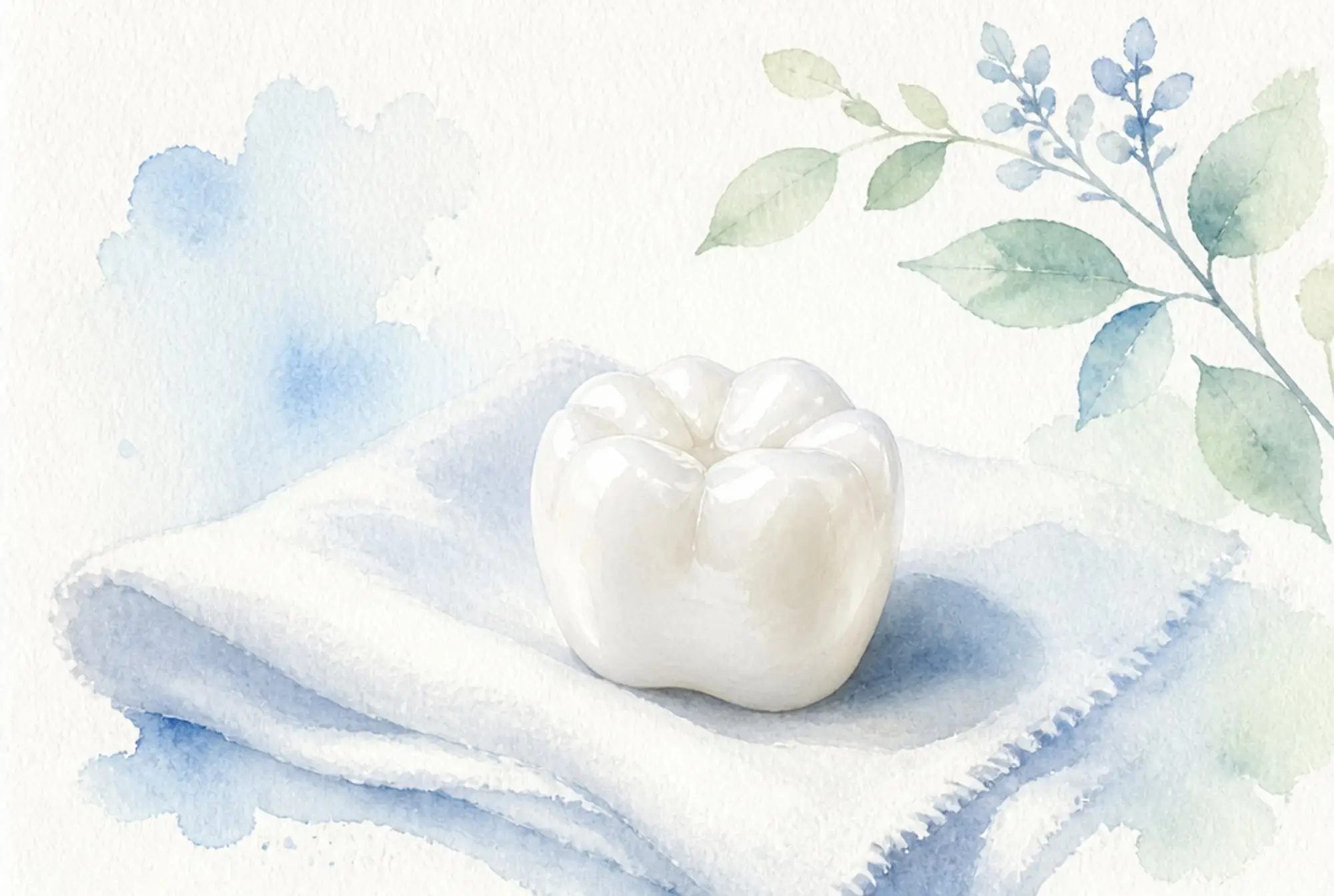 Watercolor of a single porcelain dental crown resting on a soft cloth in soft azure and spring green