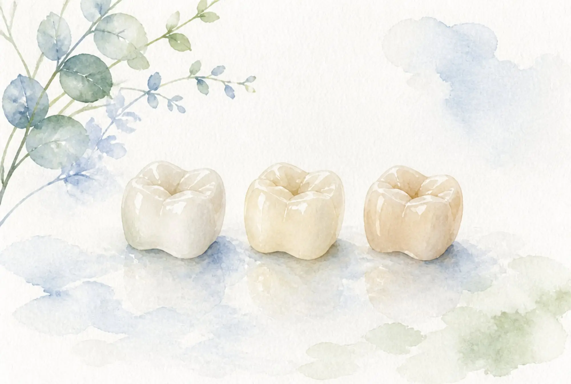 Watercolor of three porcelain dental crowns in different shades in soft azure and spring green
