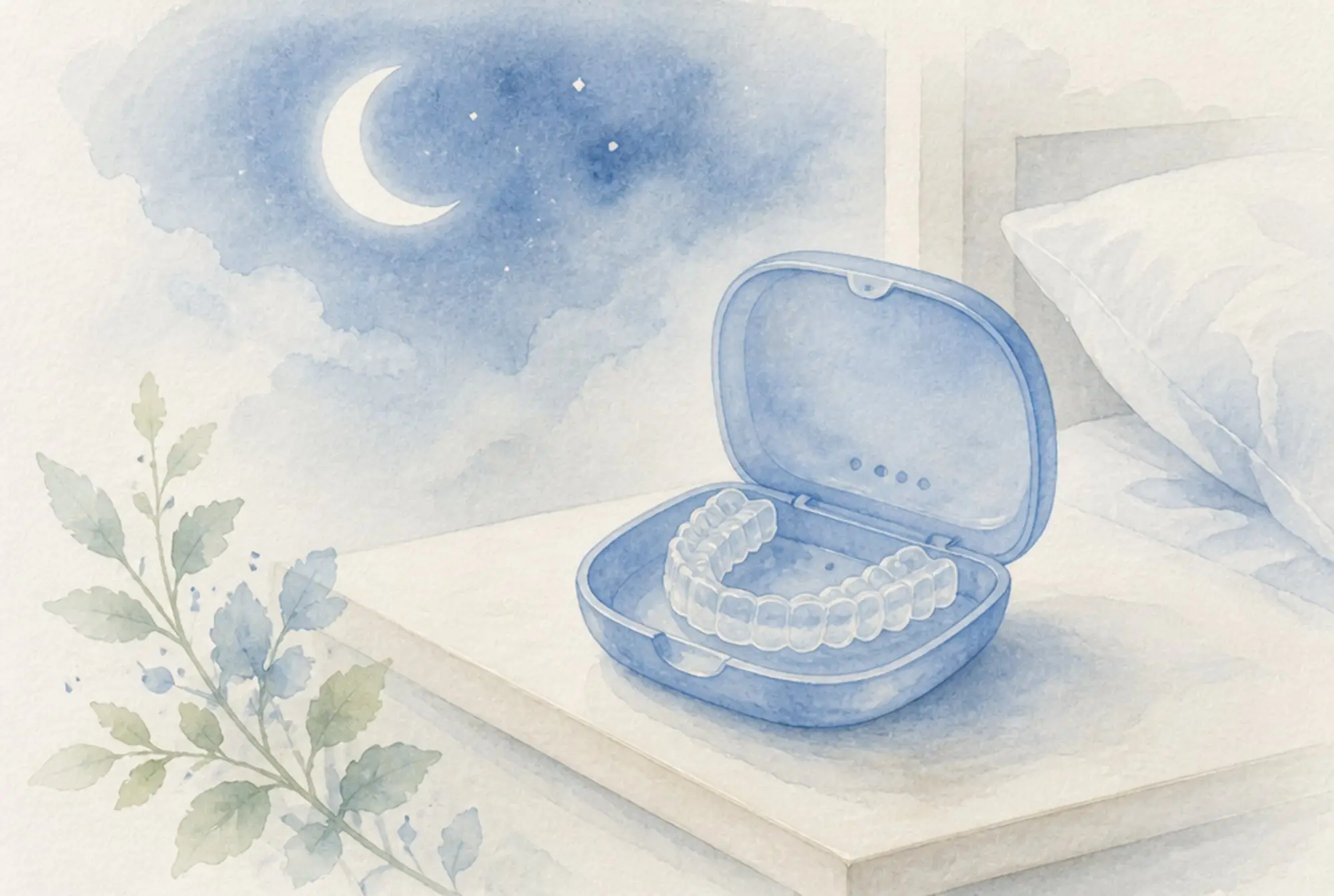 Watercolor of a night guard in its open case on a bedside table beneath a crescent moon in soft azure and spring green