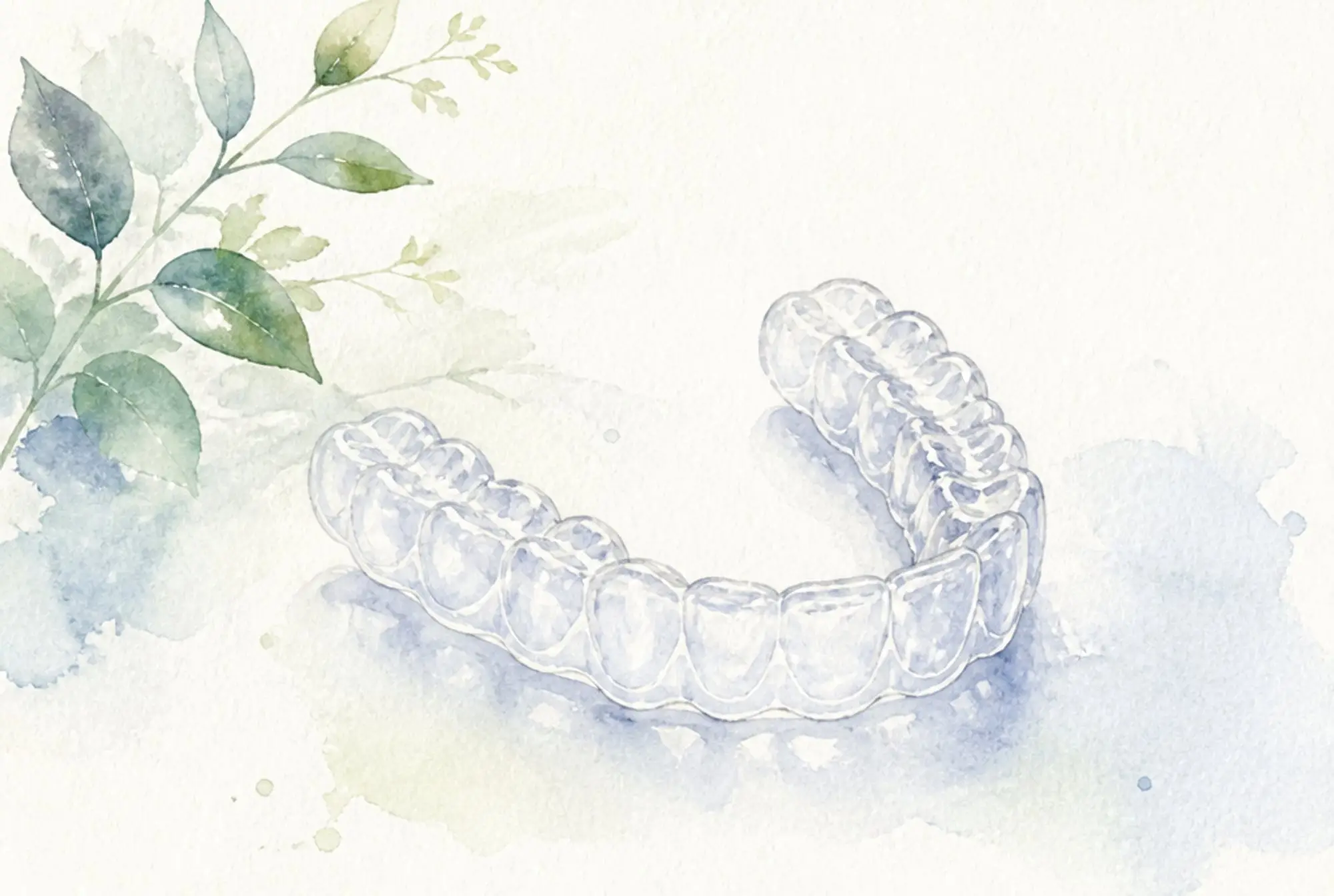 Watercolor of a clear dental aligner tray in soft azure and spring green