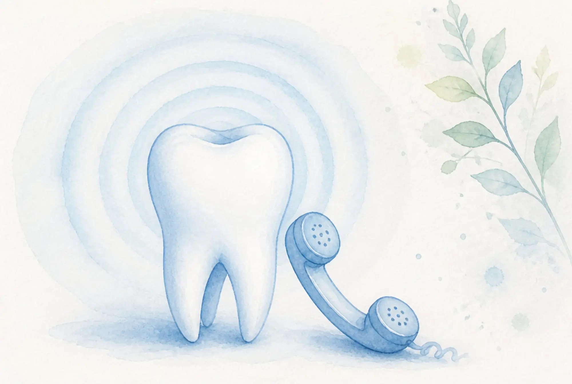 Watercolor of an aching tooth beside a telephone handset in soft azure and spring green