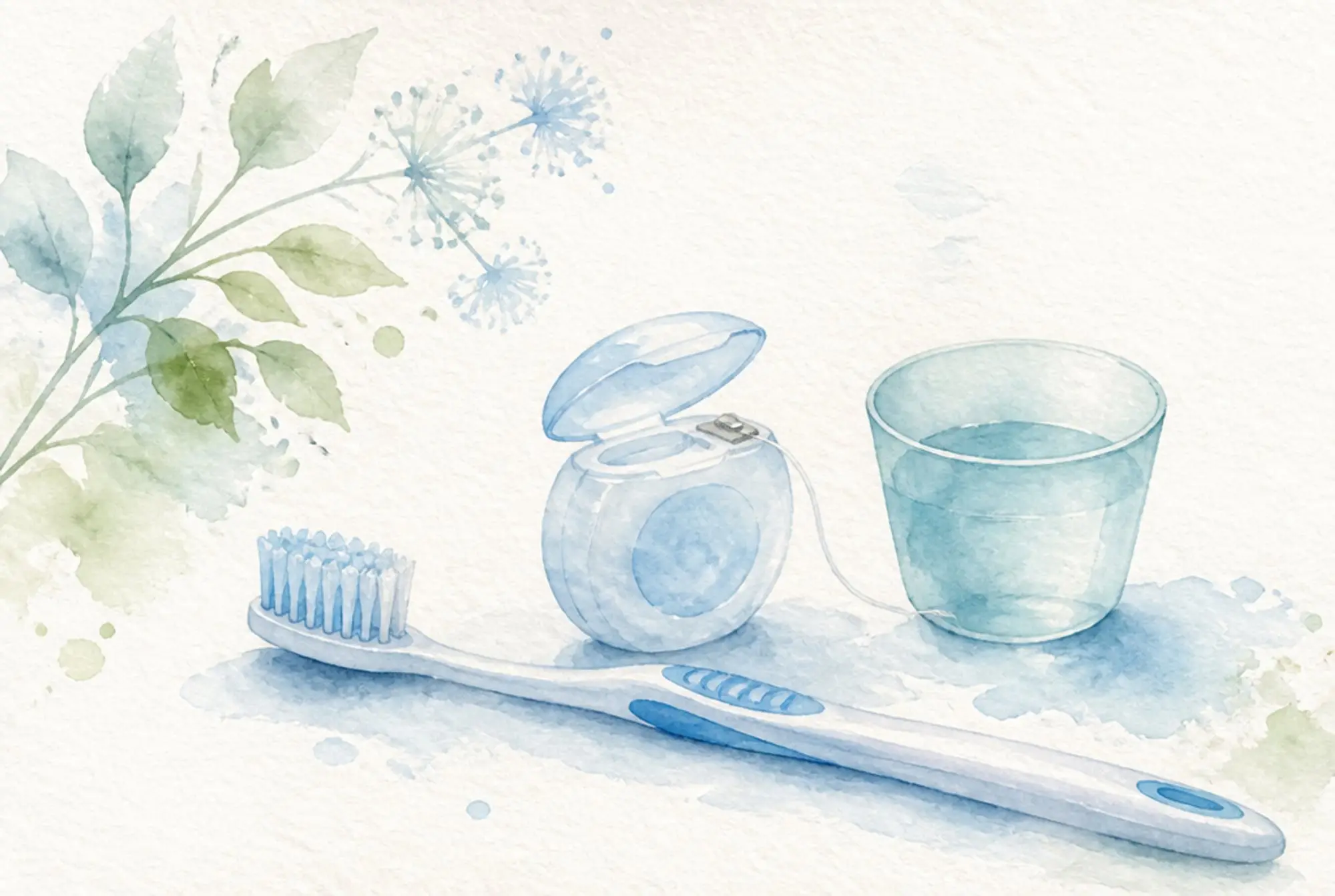Watercolor of a toothbrush, dental floss, and a rinse cup in soft azure and spring green