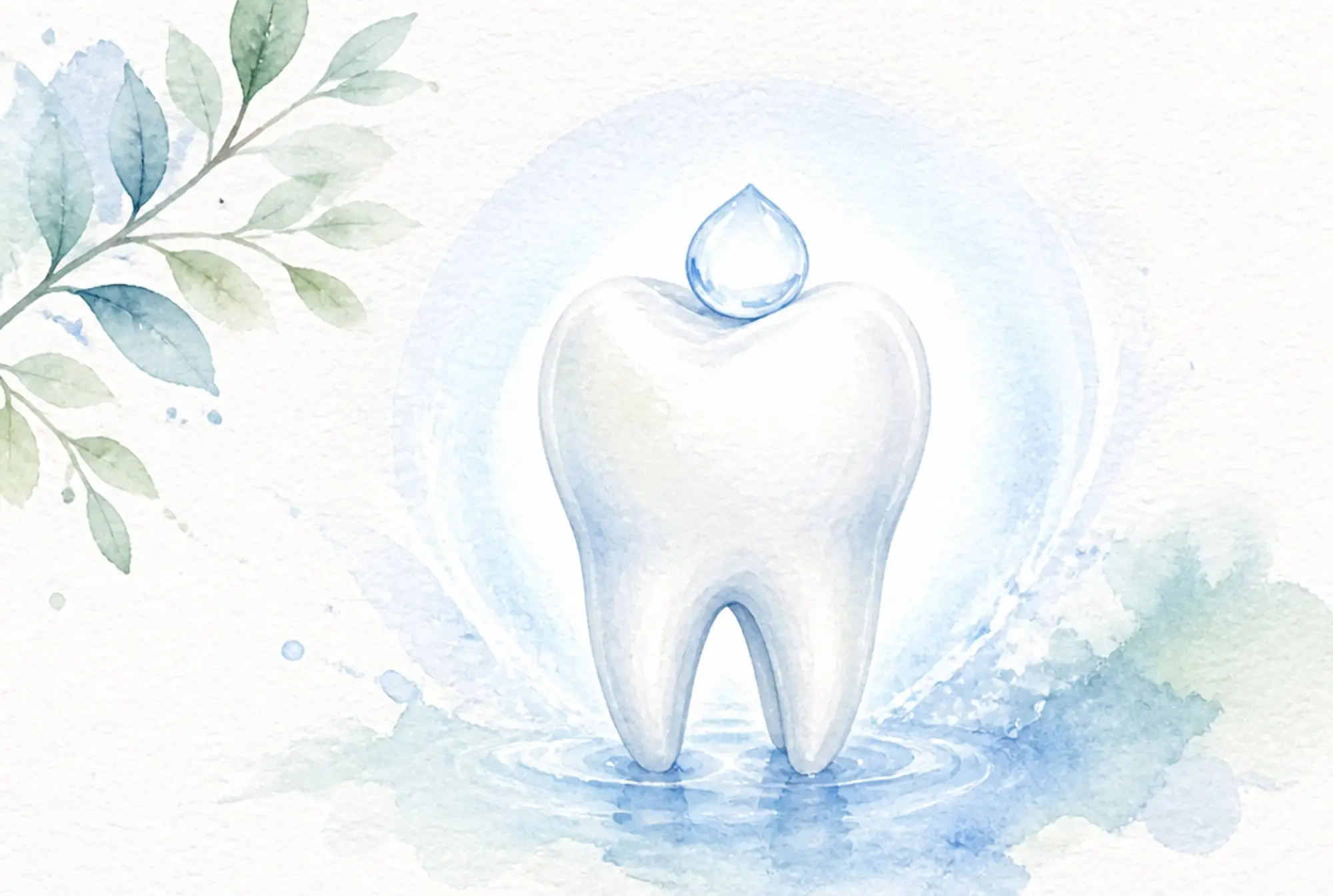 Watercolor of a white tooth with an azure water droplet and protective glow in soft azure and spring green