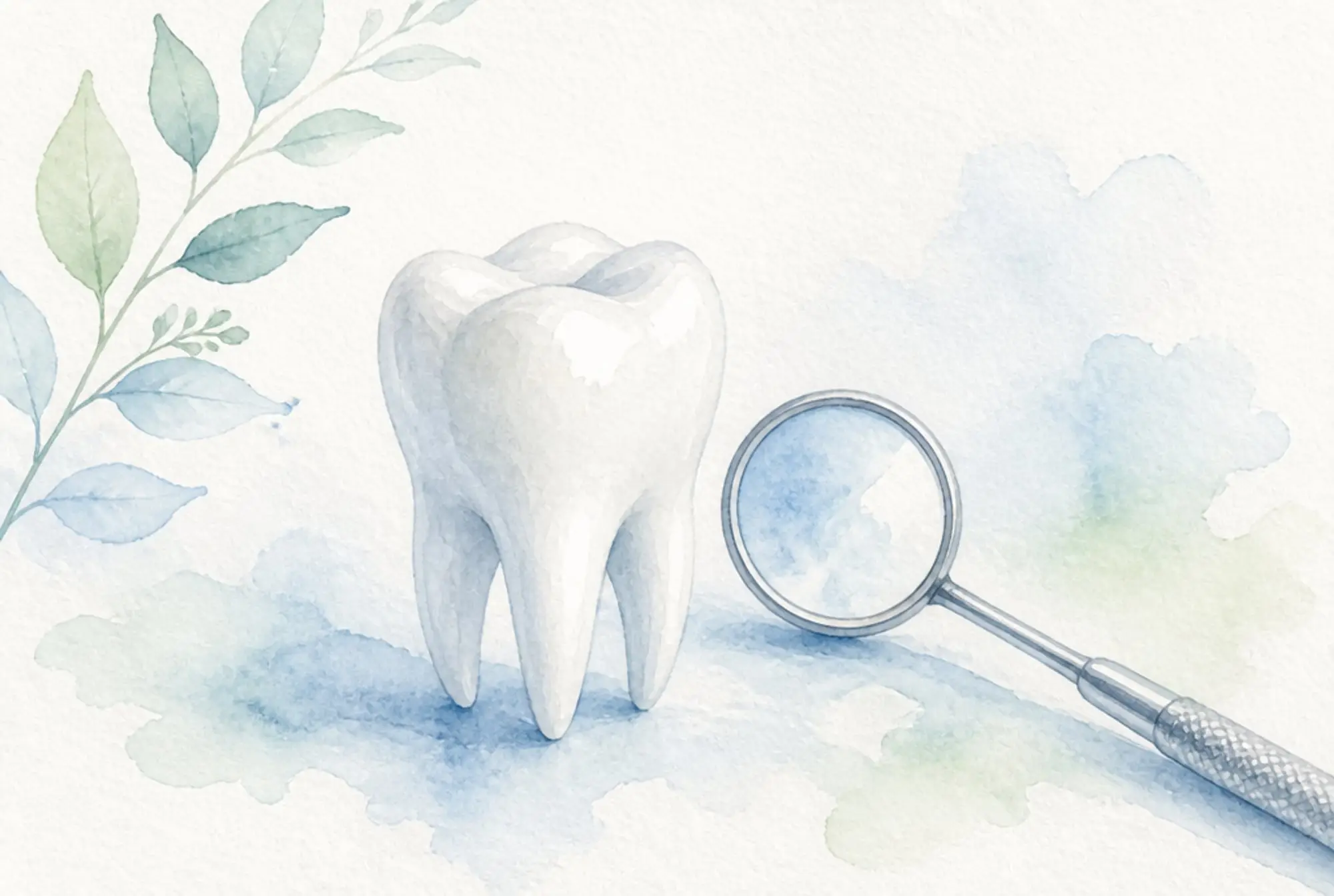 Watercolor of a healthy tooth beside a dental checkup mirror in soft azure and spring green