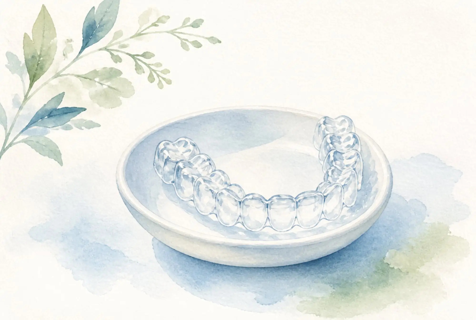 Watercolor of a clear aligner tray resting in a small porcelain dish in soft azure and spring green