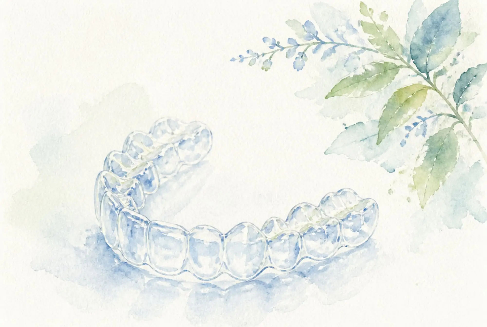 Watercolor of a clear aligner tray in soft azure and spring green