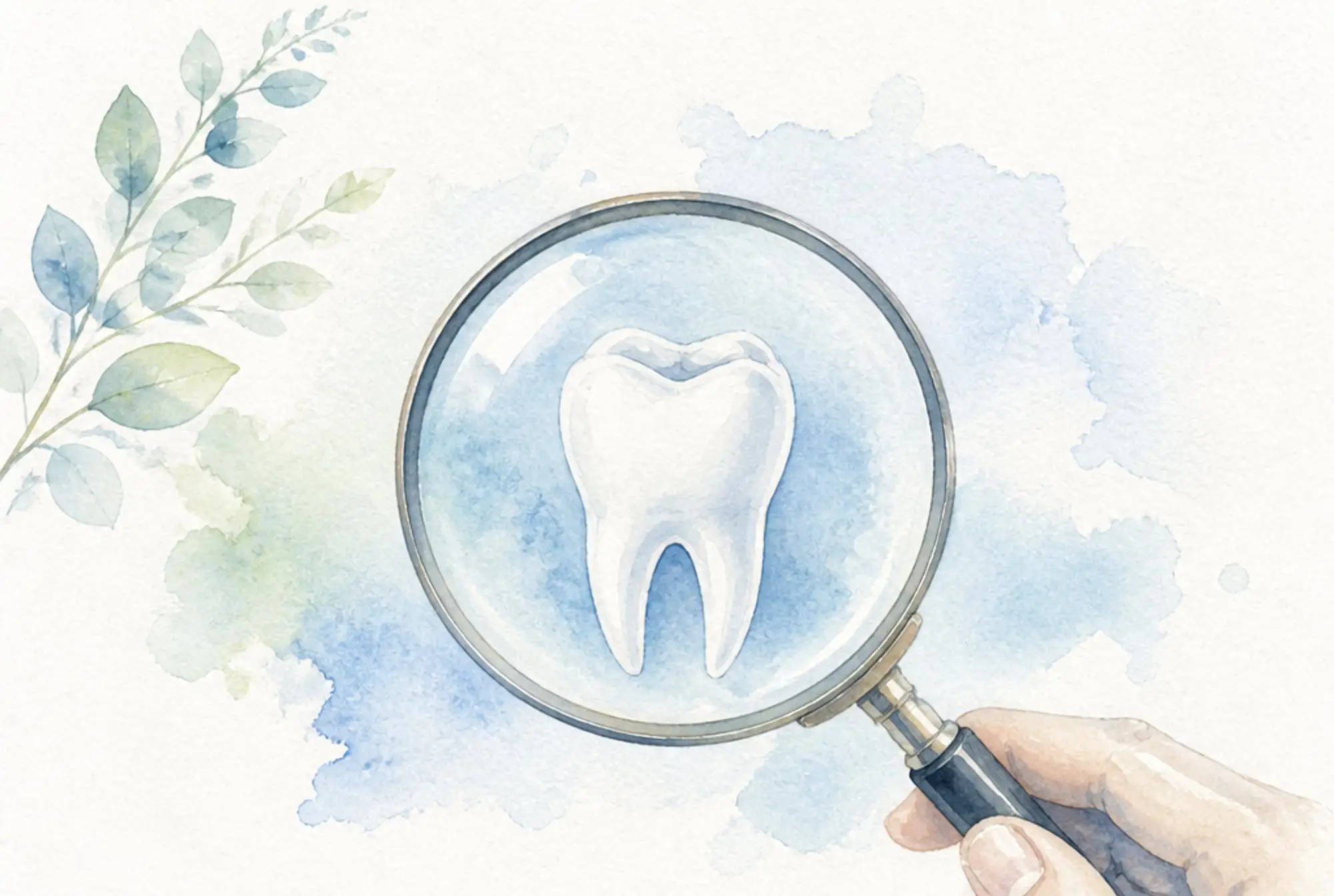 Watercolor of a magnifying glass examining a single tooth in soft azure and spring green