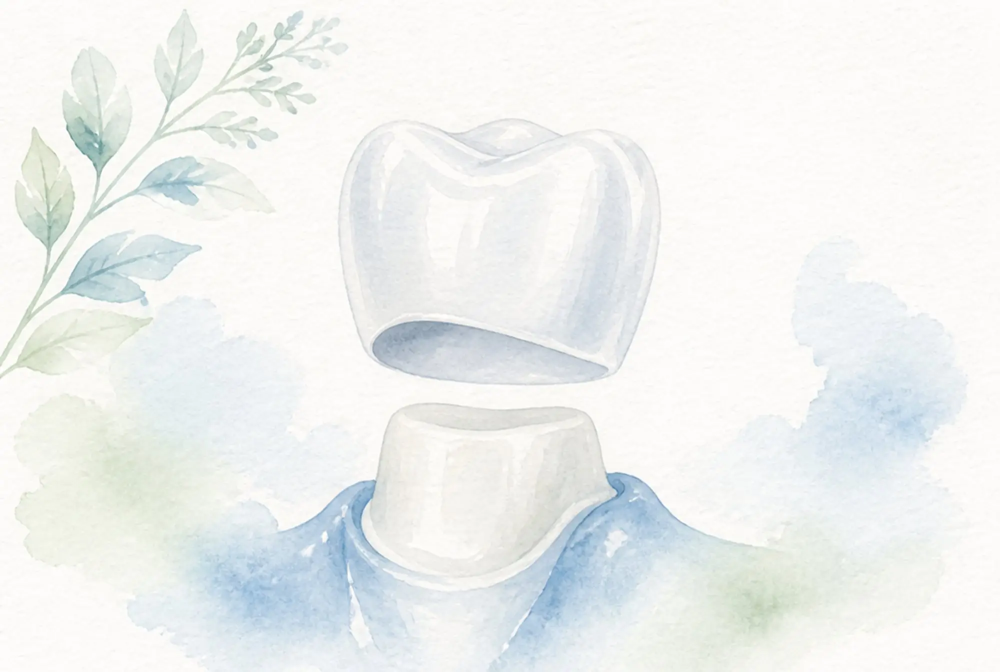 Watercolor of a porcelain dental crown cap settling over a prepared tooth in soft azure and spring green