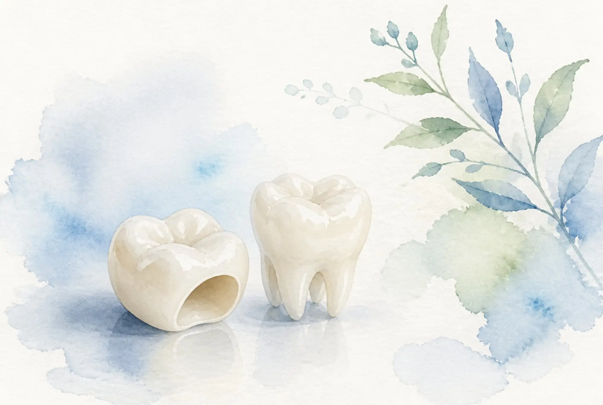 Watercolor of a porcelain dental crown cap beside a natural tooth in soft azure and spring green